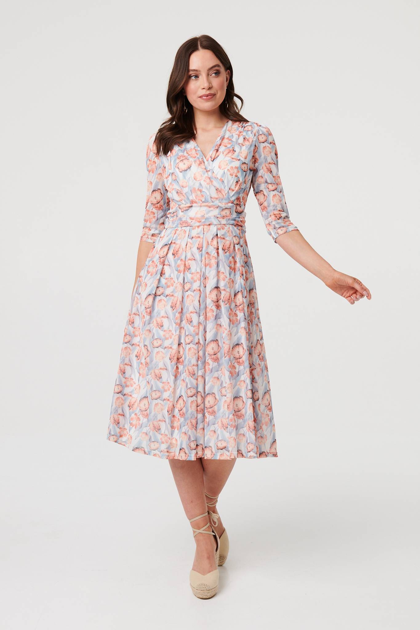 Floral 3/4 Sleeve Pleat Midi Wrap Dress Back View