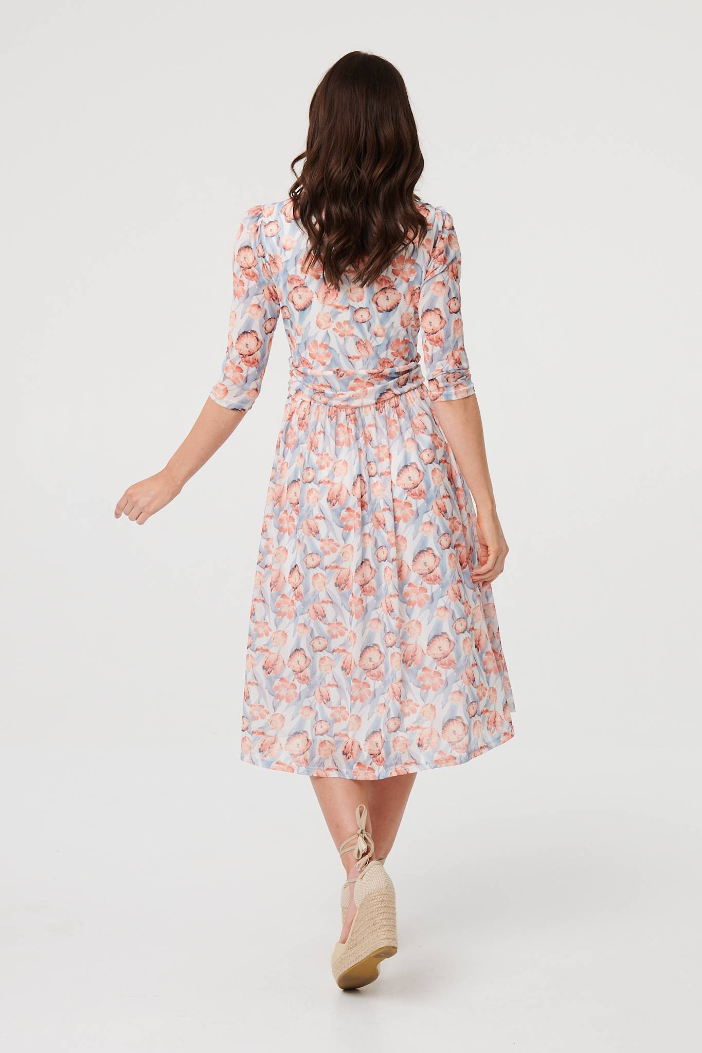 Floral 3/4 Sleeve Pleat Midi Wrap Dress Side View