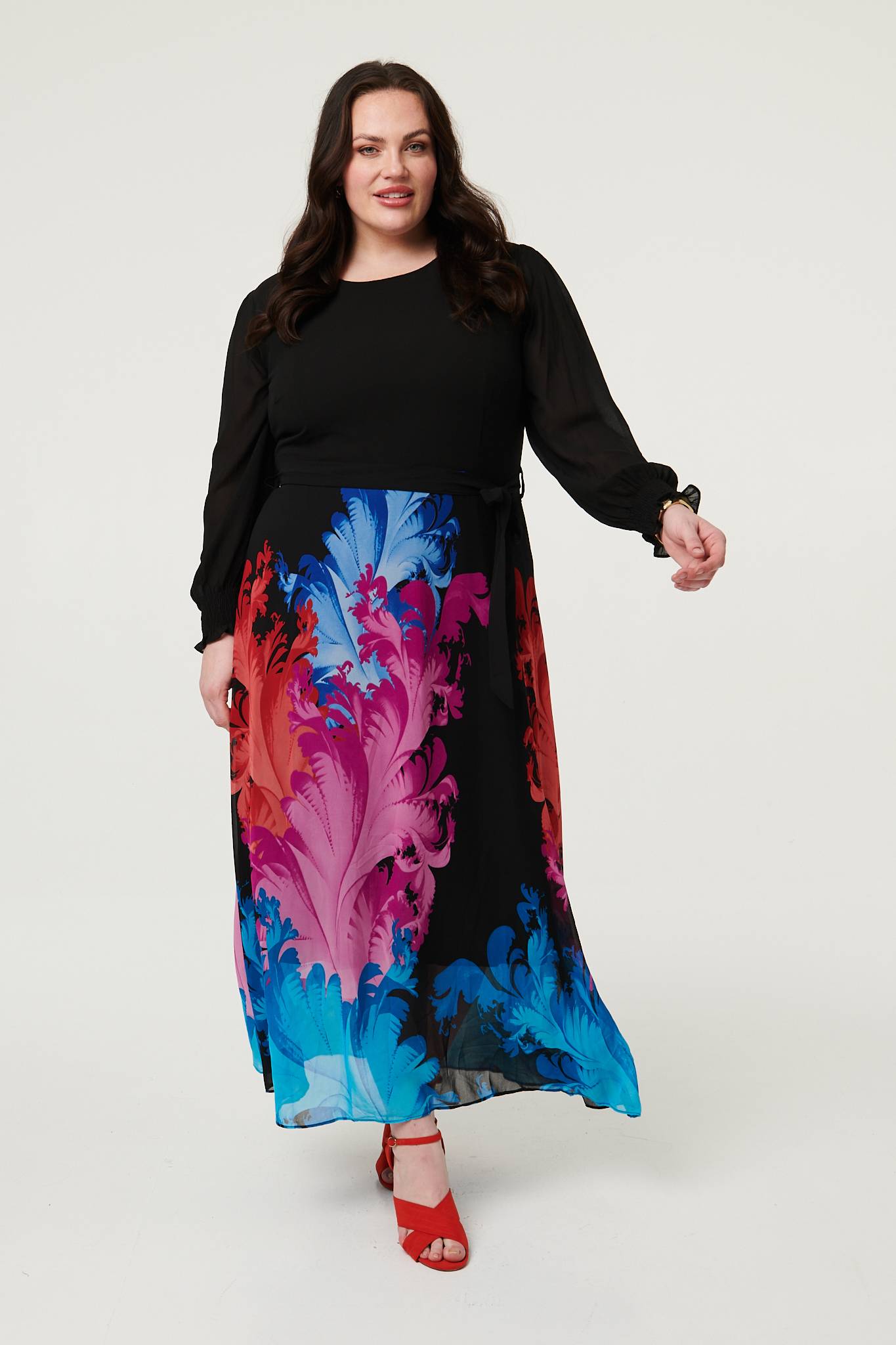 Curve Floral Tie Waist Knit Midi Dress Front View