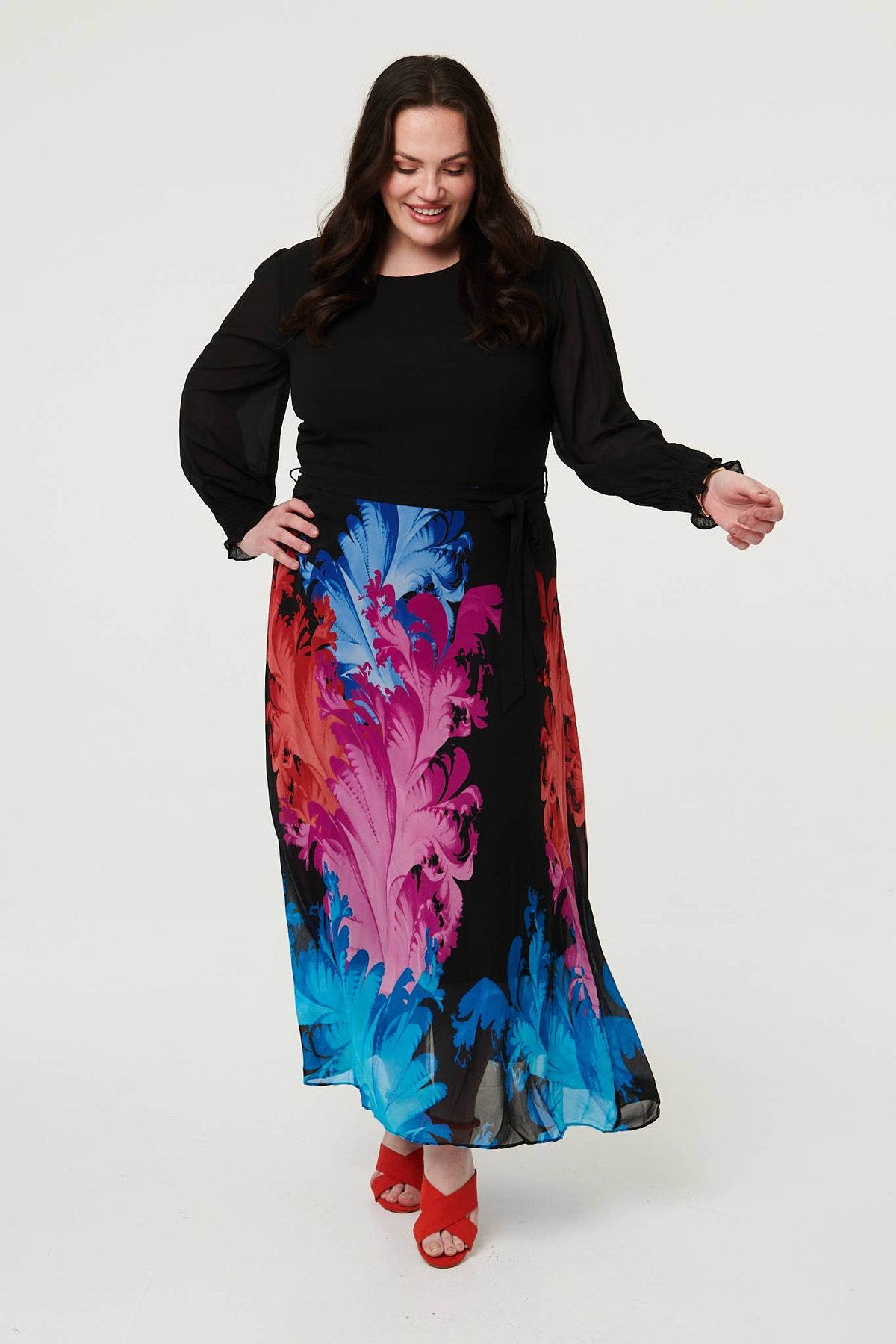 Curve Floral Tie Waist Knit Midi Dress Back View