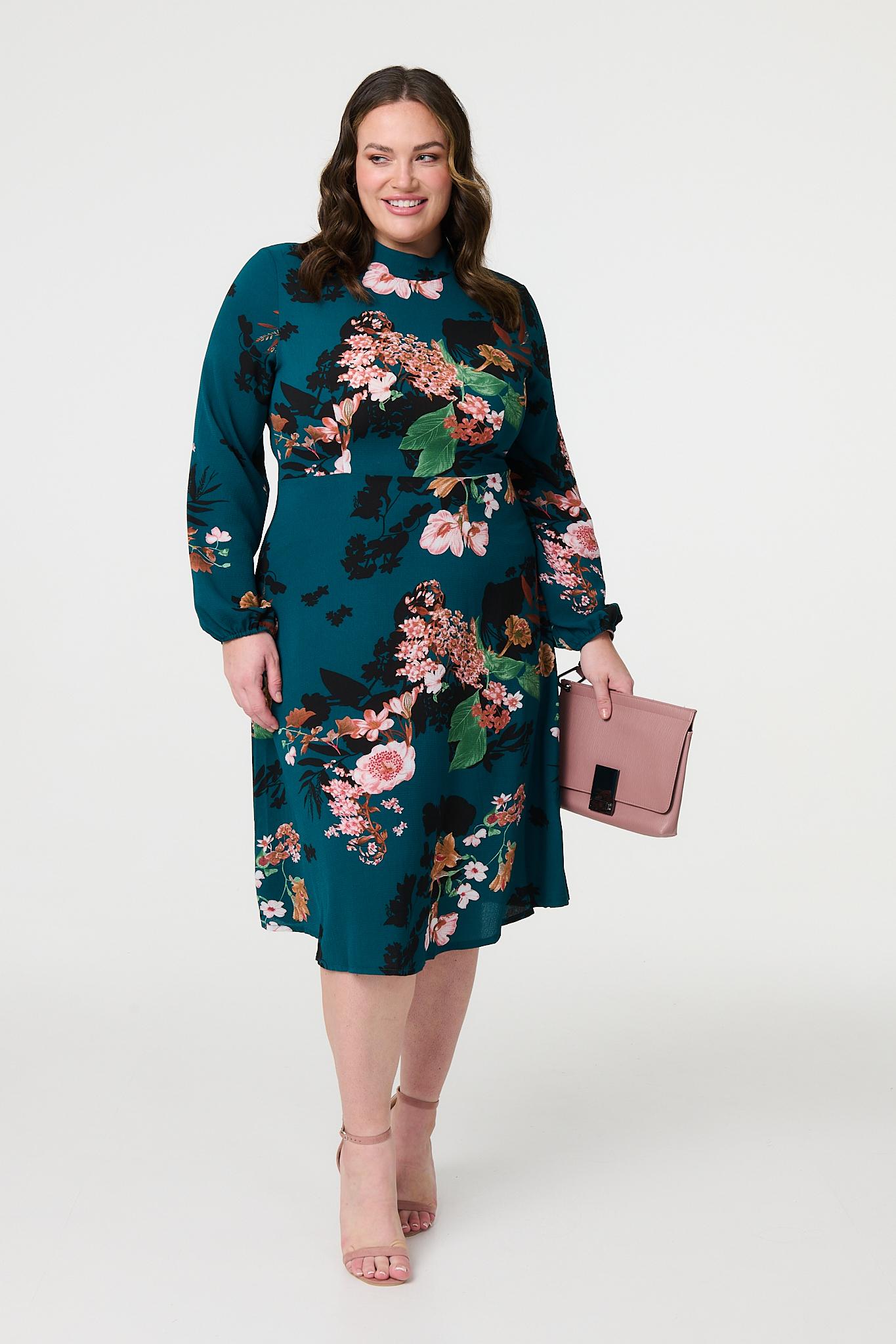 Curve Floral Long Sleeve Midi Dress Back View