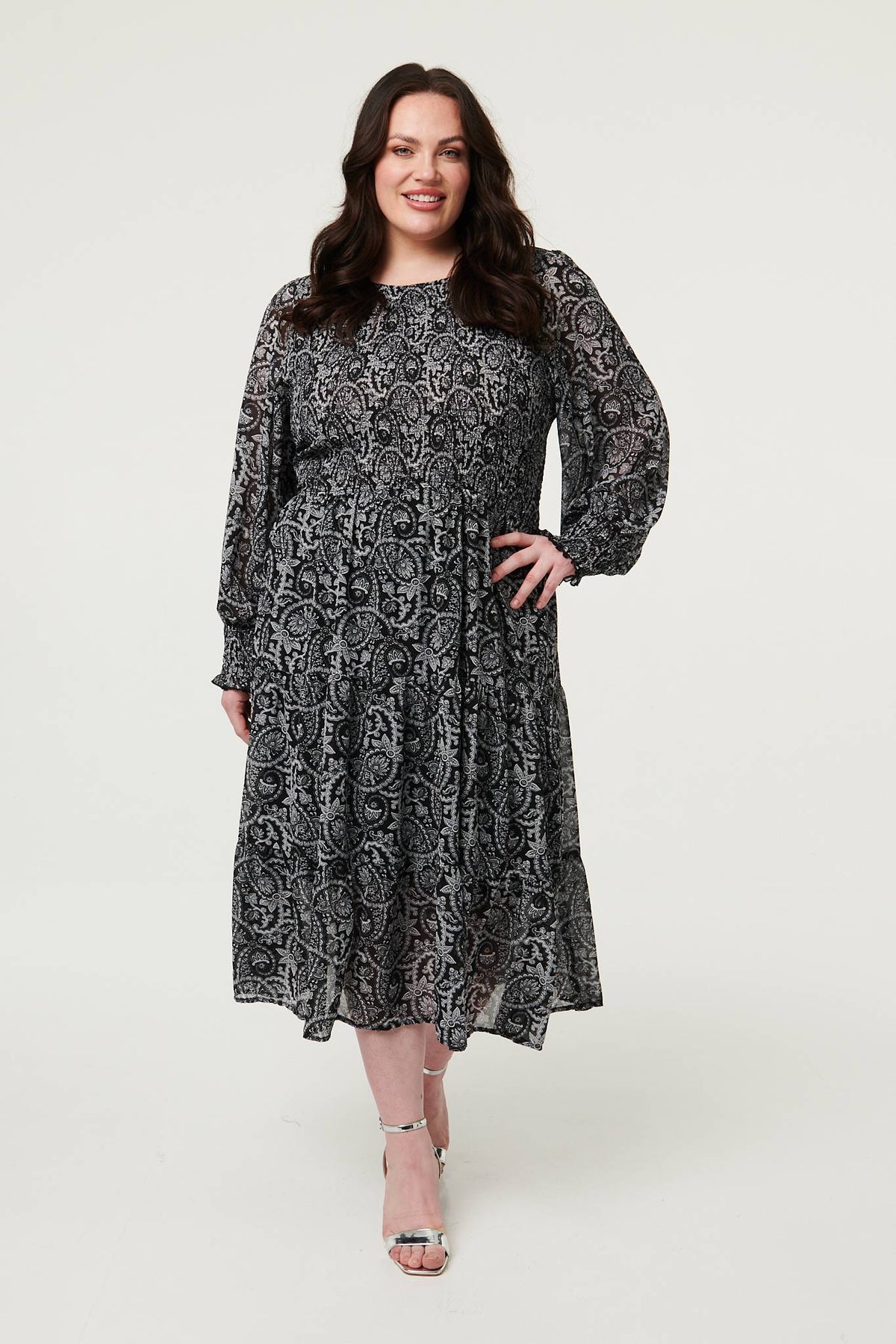 Curve Paisley Long Puff Sleeve Midi Smock Dress Back View 2