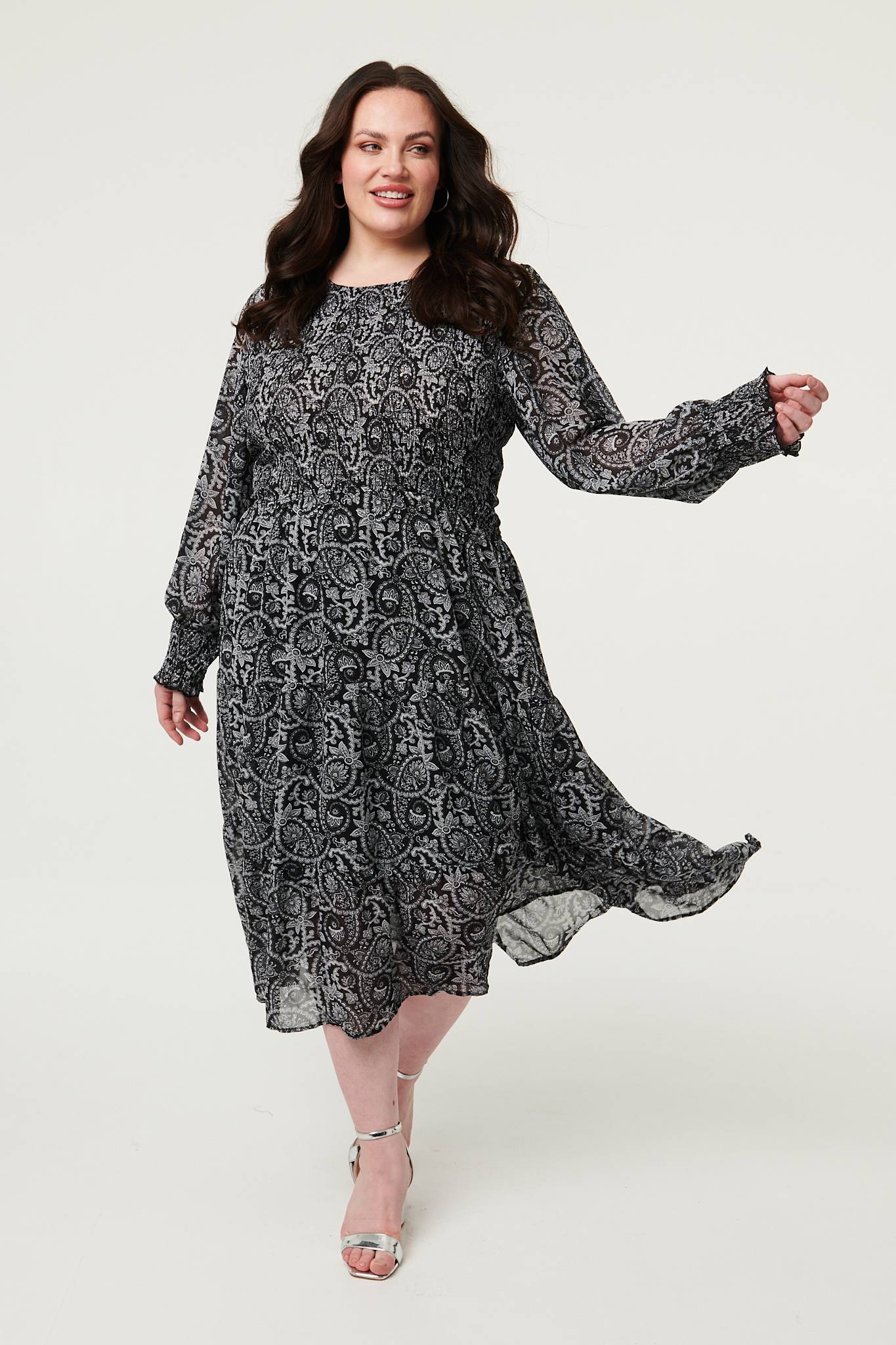 Curve Paisley Long Puff Sleeve Midi Smock Dress Back View