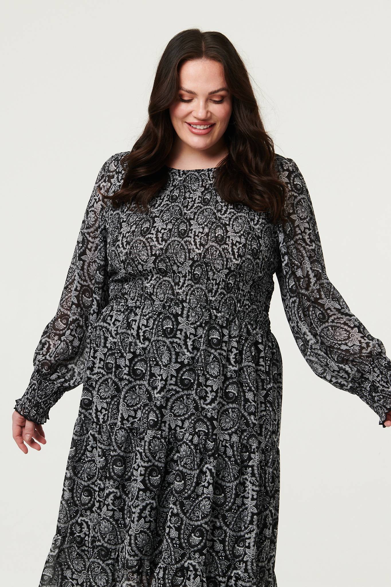 Curve Paisley Long Puff Sleeve Midi Smock Dress Front View 2