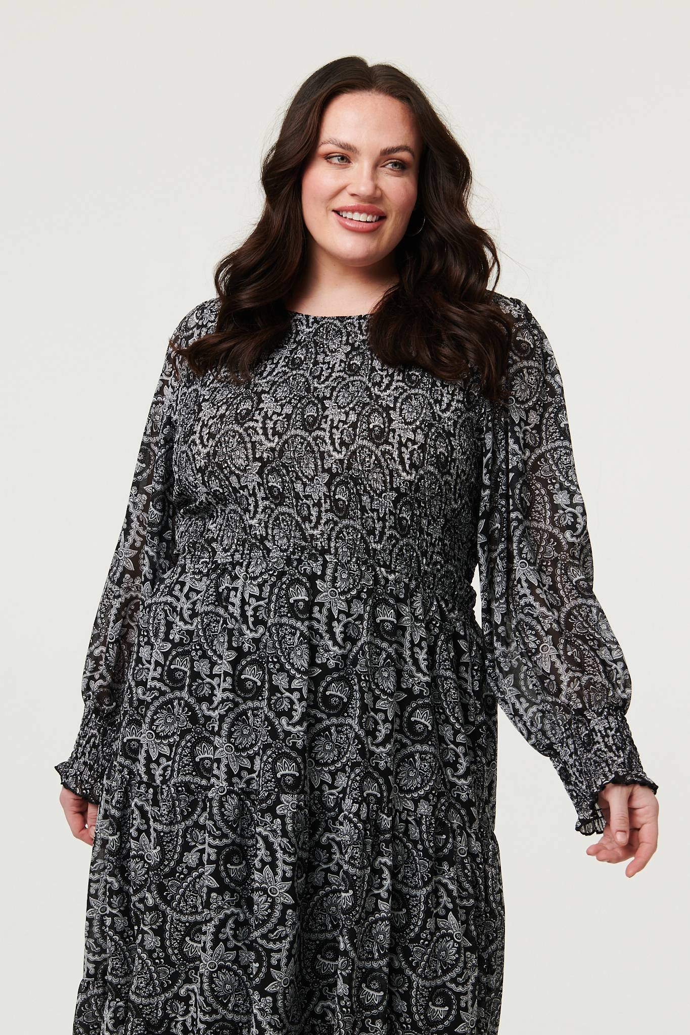 Curve Paisley Long Puff Sleeve Midi Smock Dress Side View