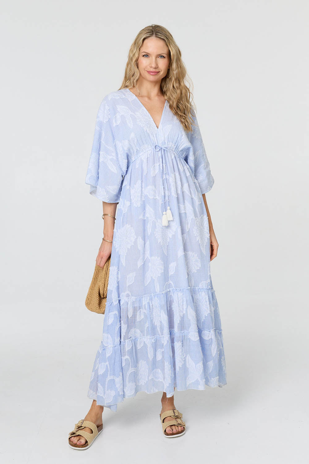 Floral Textured 3/4 Sleeve Maxi Dress Back View