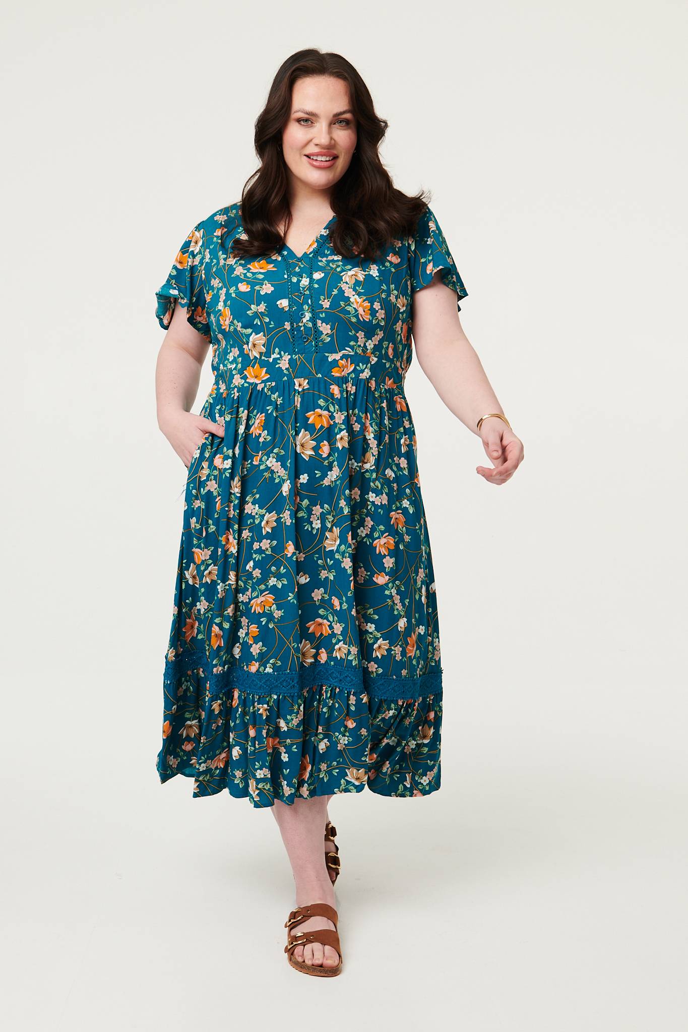 Curve Floral Lace Short Sleeve Midi Dress Full Length View