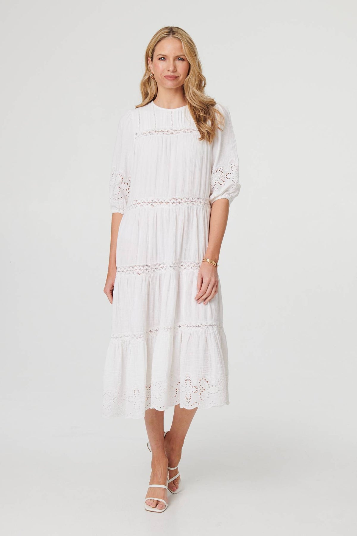 Broderie Anglaise Trim Tiered Midi Dress Detail View