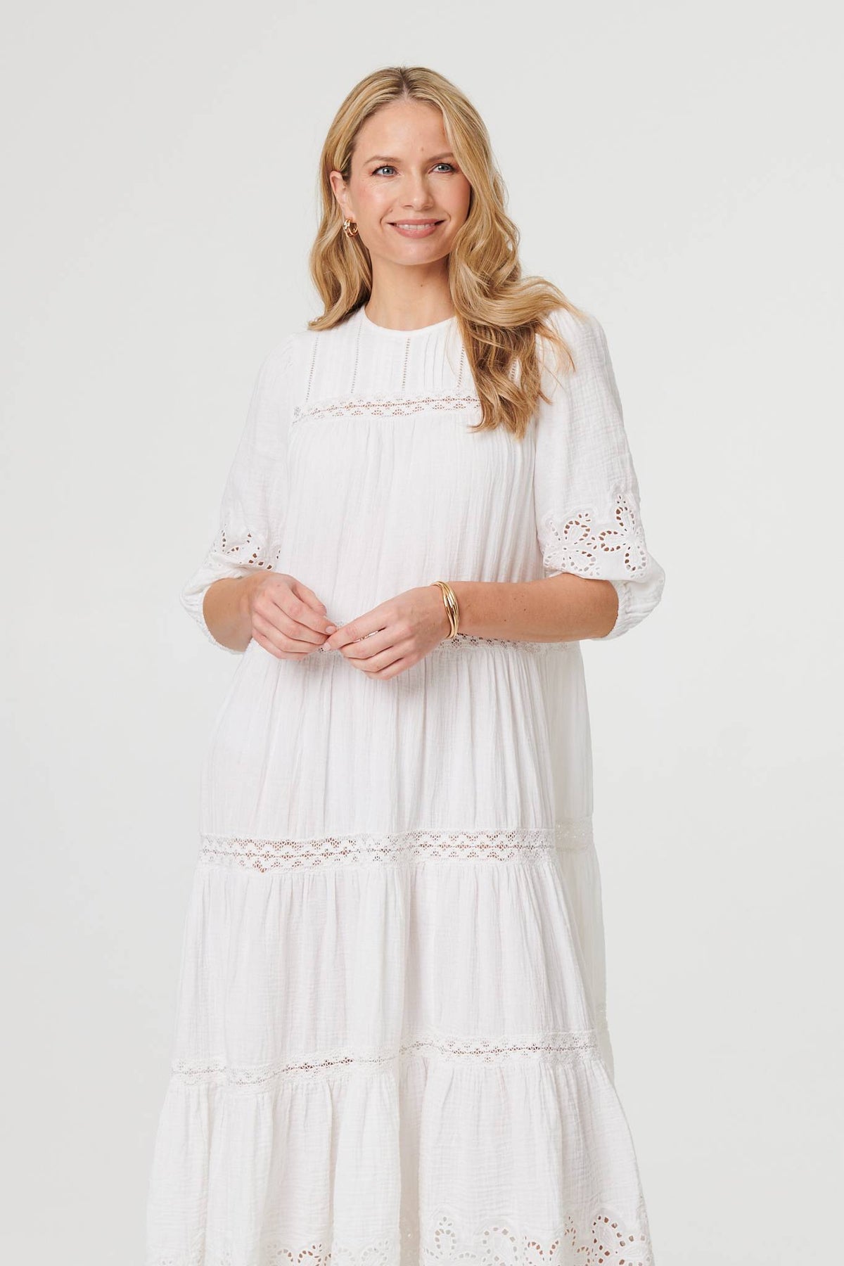 Broderie Anglaise Trim Tiered Midi Dress Full Length View