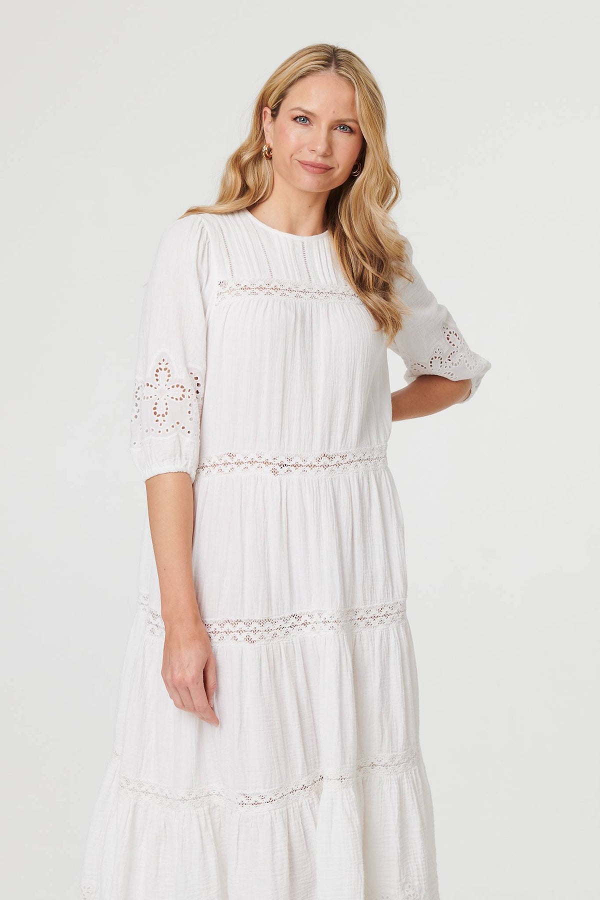 Broderie Anglaise Trim Tiered Midi Dress Back View
