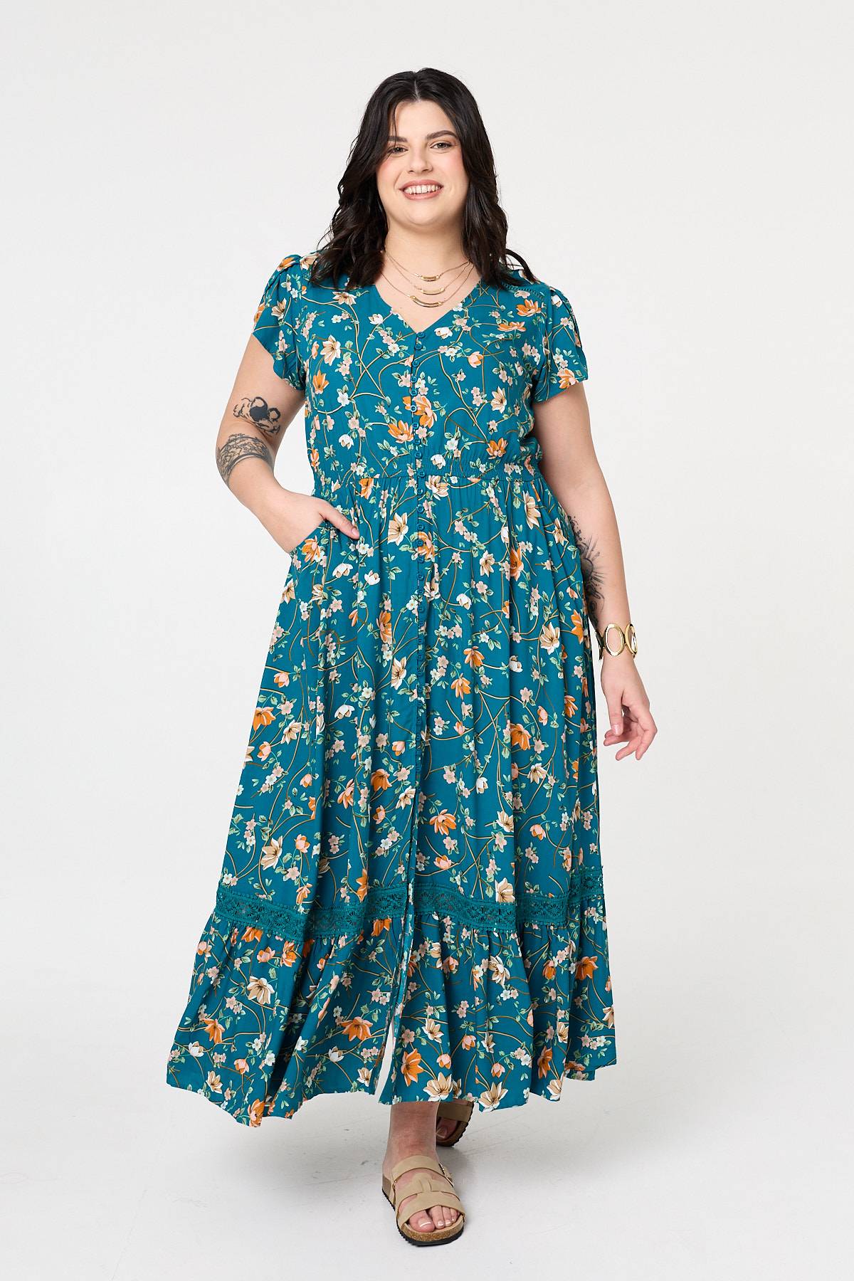 Curve Floral Cap Sleeve Lace Maxi Dress Full Length View