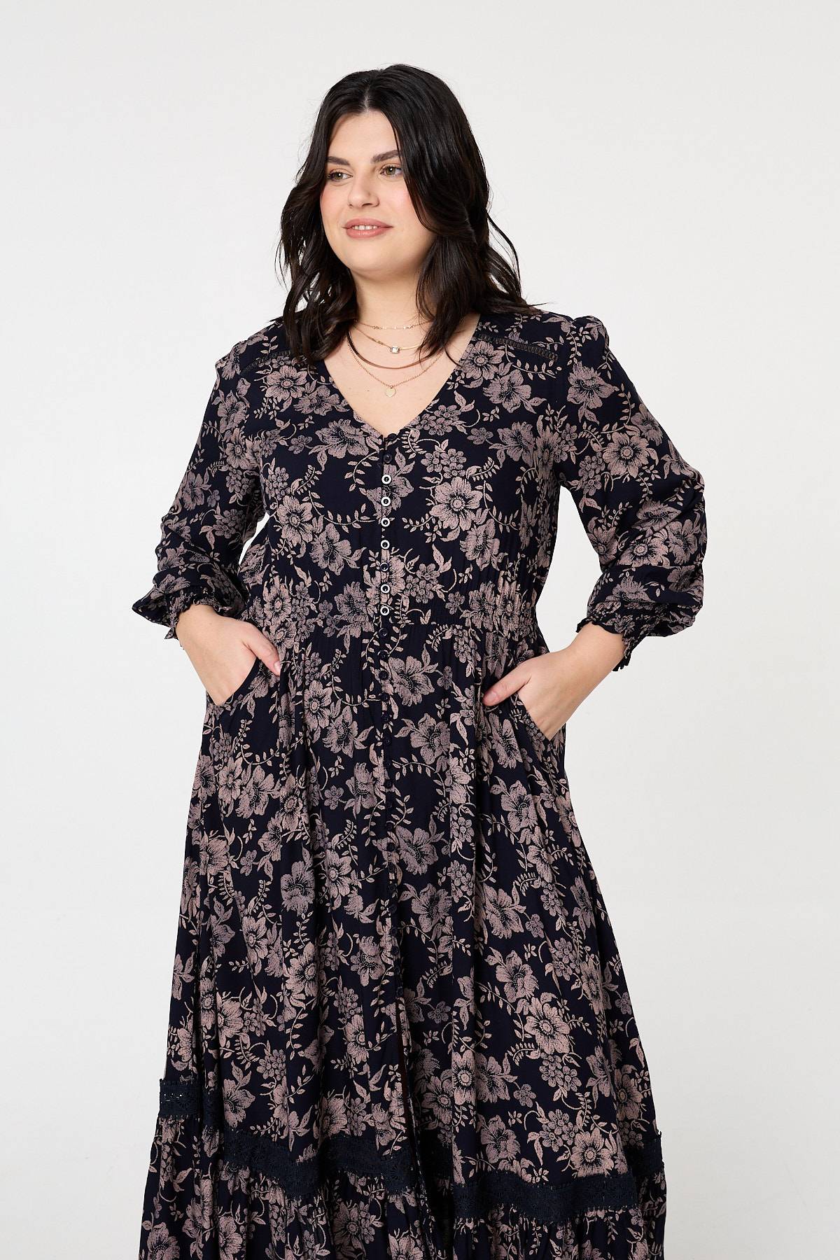 Curve Floral Lace Long Sleeve Maxi Dress Side View