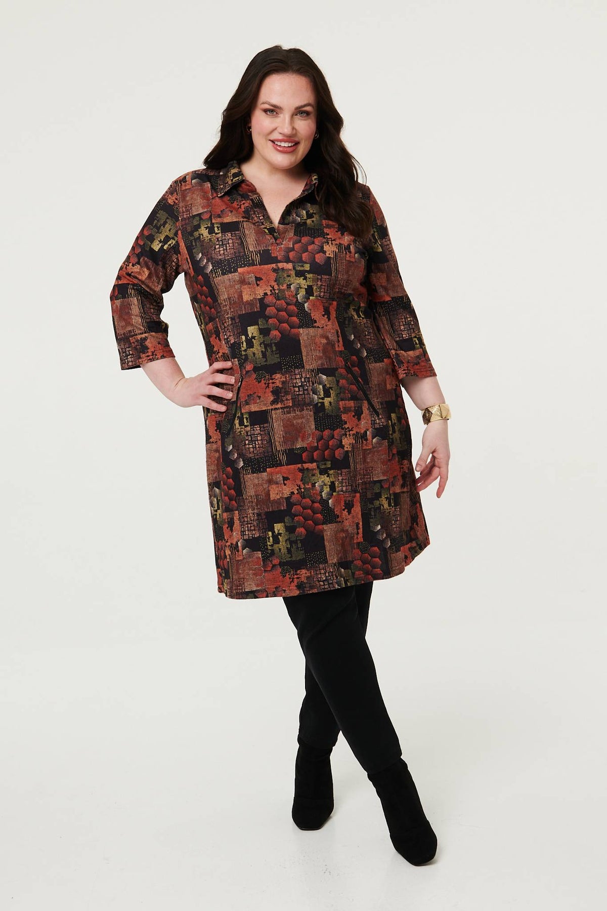 Curve Printed 3/4 Sleeve Collared Short Dress Front View 2