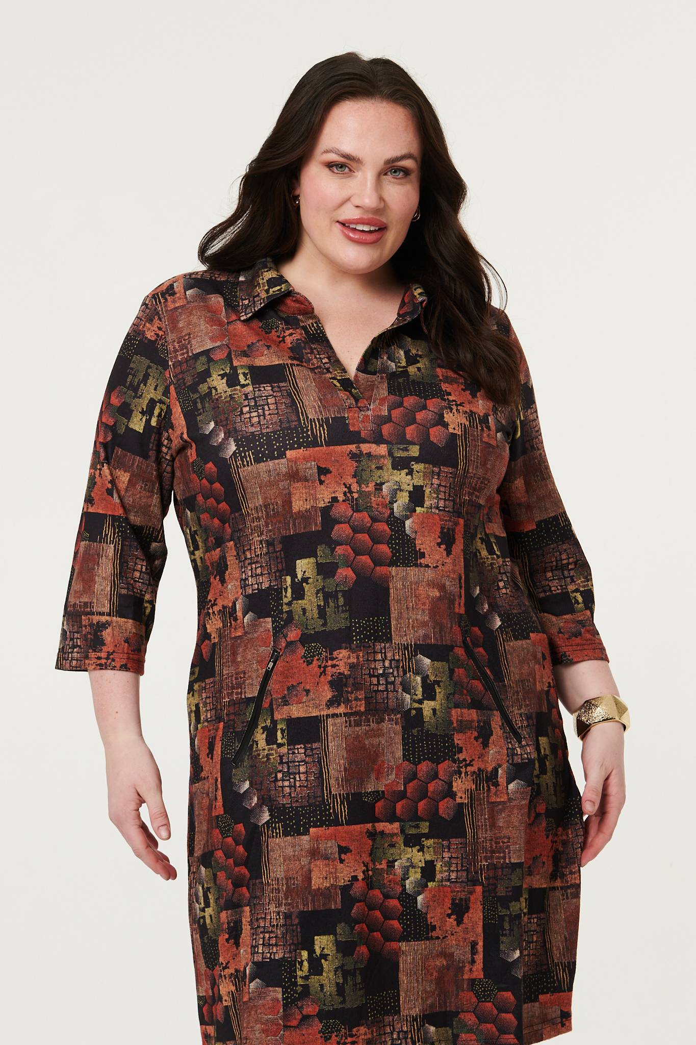Curve Printed 3/4 Sleeve Collared Short Dress Back View