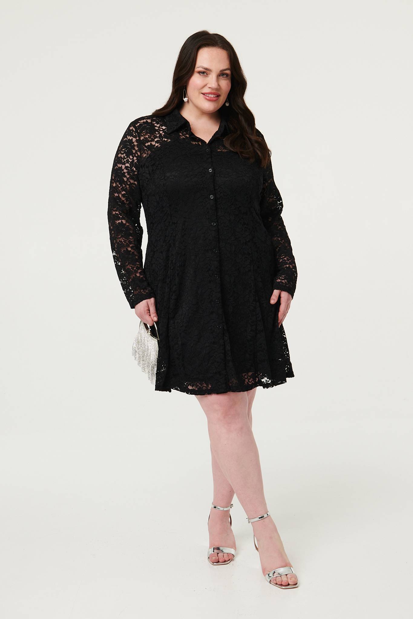 Curve Lace Layer Long Sleeve Short Shirt Dress Side View