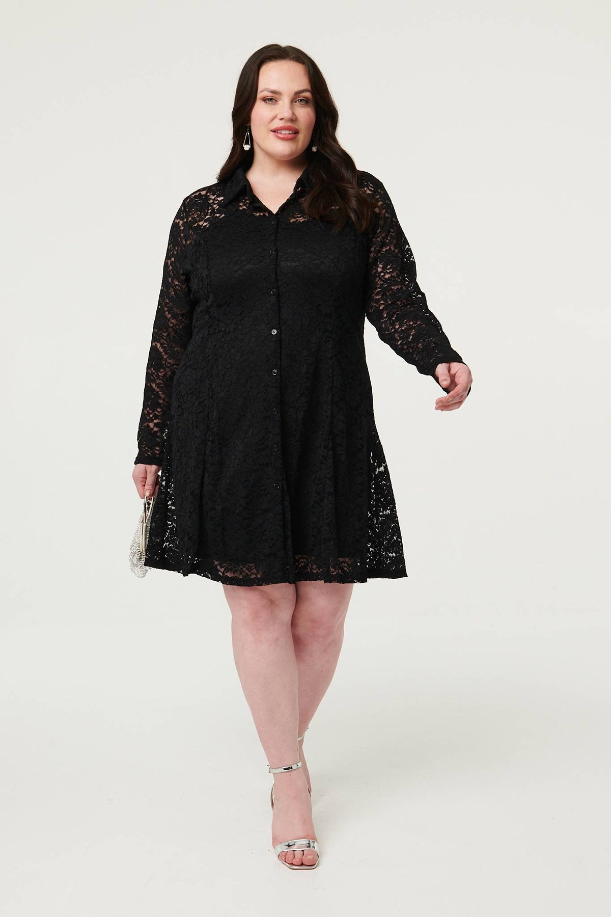 Curve Lace Layer Long Sleeve Short Shirt Dress Back View 2