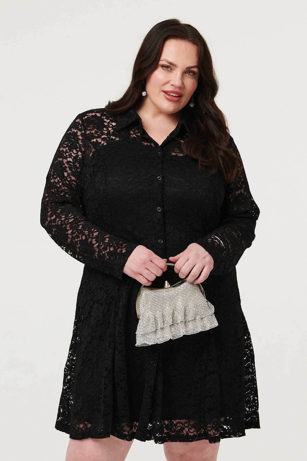 Curve Lace Layer Long Sleeve Short Shirt Dress Back View