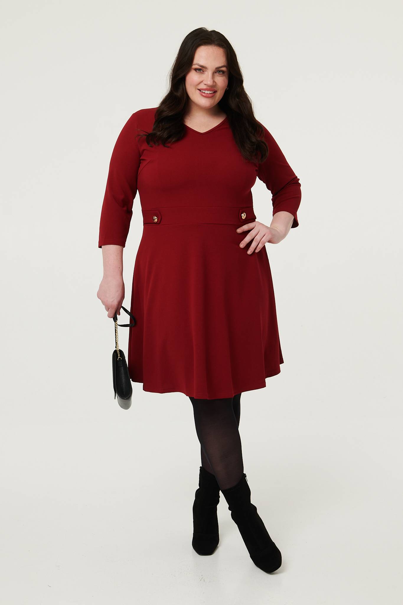 Curve V-Neck 3/4 Sleeve Short Skater Dress Side View