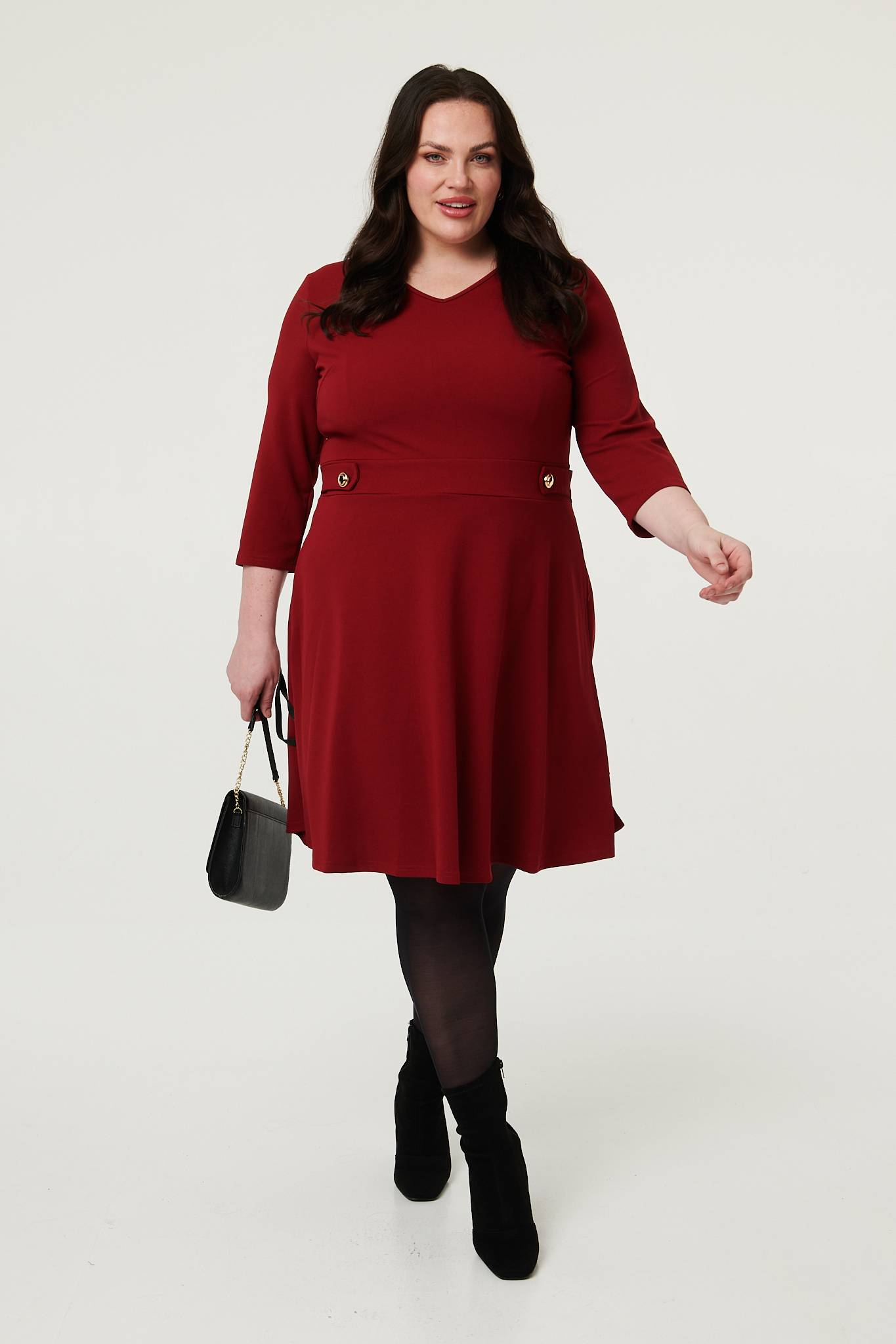 Curve V-Neck 3/4 Sleeve Short Skater Dress Back View 2