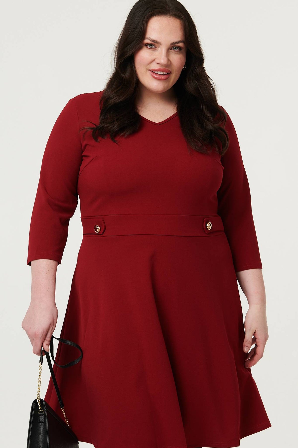 Curve V-Neck 3/4 Sleeve Short Skater Dress Front View 2