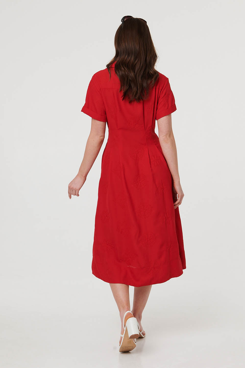 Short Sleeve Flared Midi Shirt Dress Full Length View
