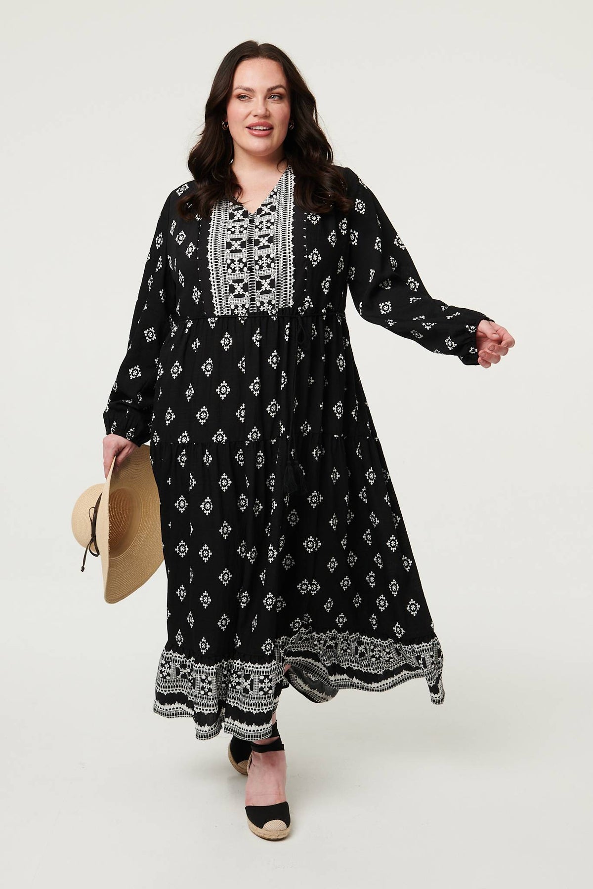 Curve Printed Long Sleeve Maxi Dress Back View