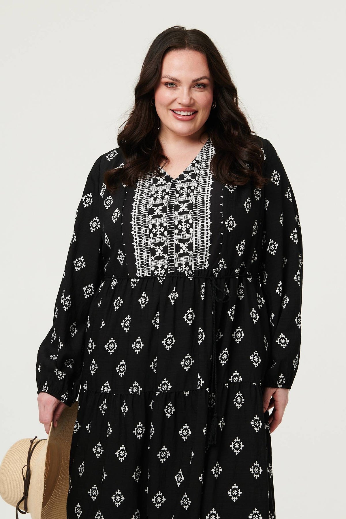 Curve Printed Long Sleeve Maxi Dress Full Length View