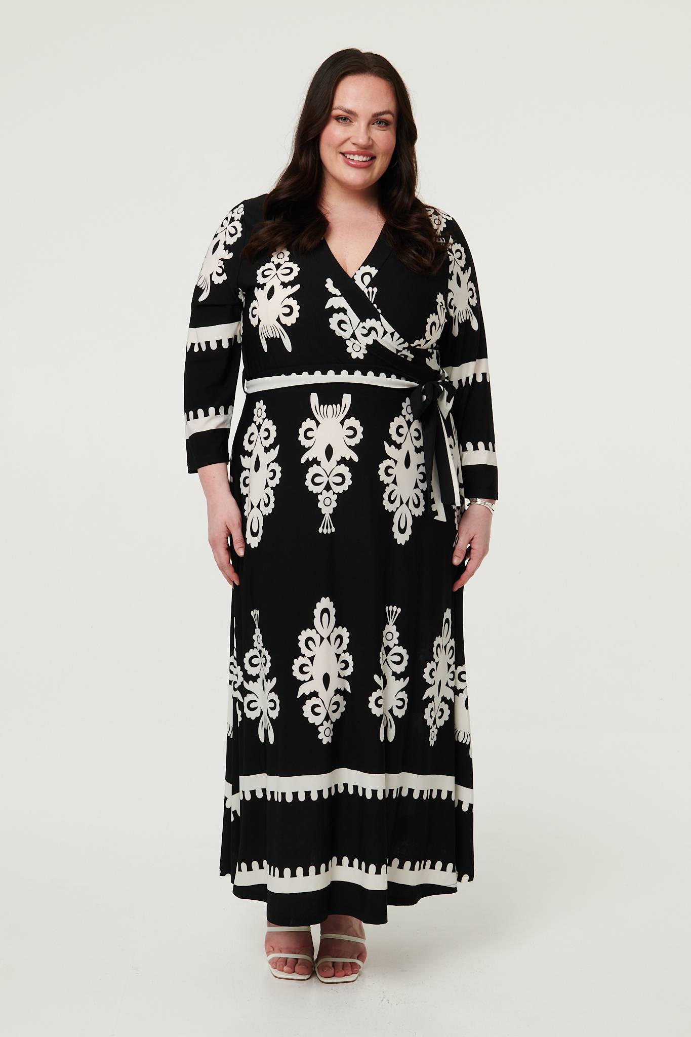 Curve Ikat Print 3/4 Sleeve Wrap Maxi Dress Back View