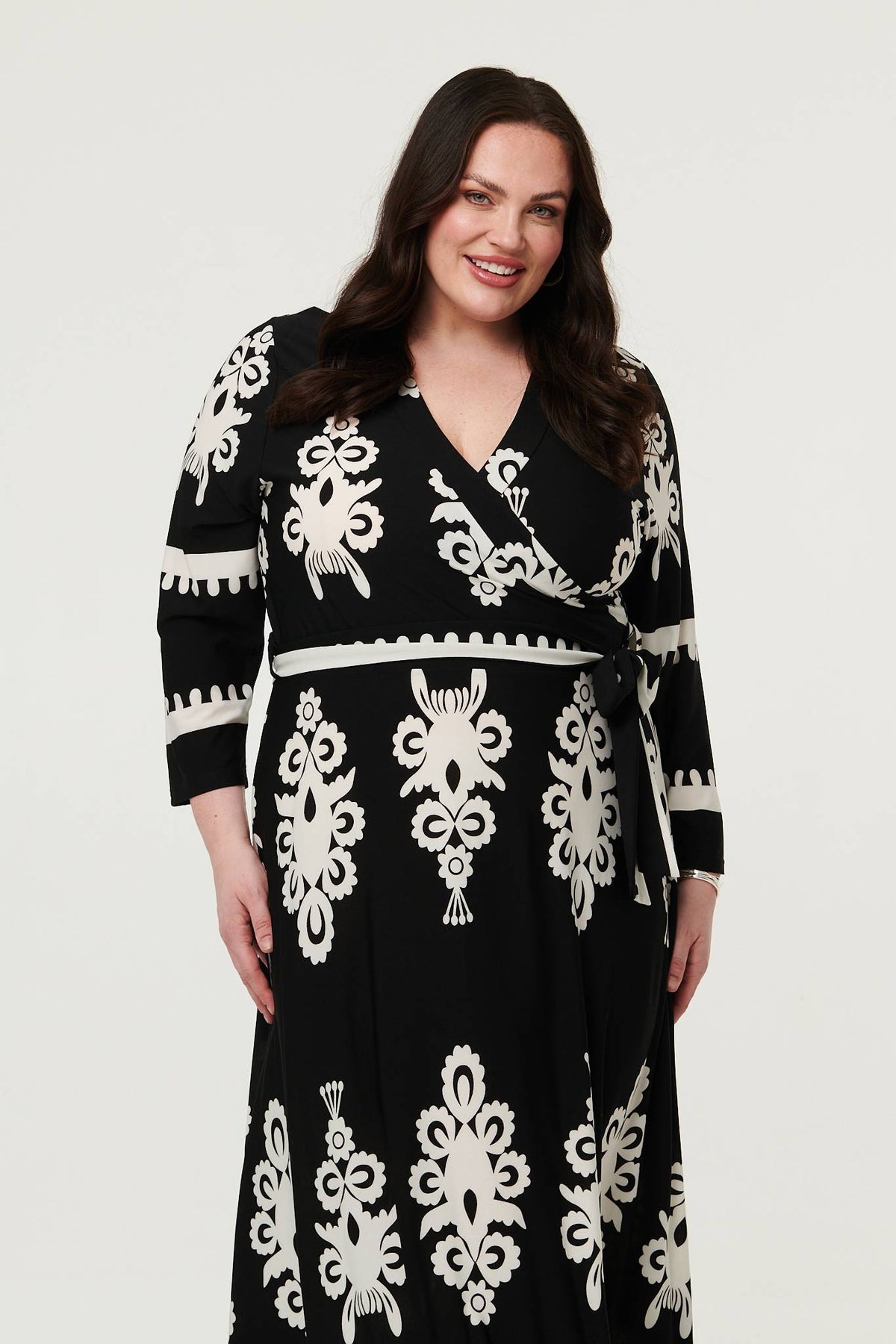 Curve Ikat Print 3/4 Sleeve Wrap Maxi Dress Side View