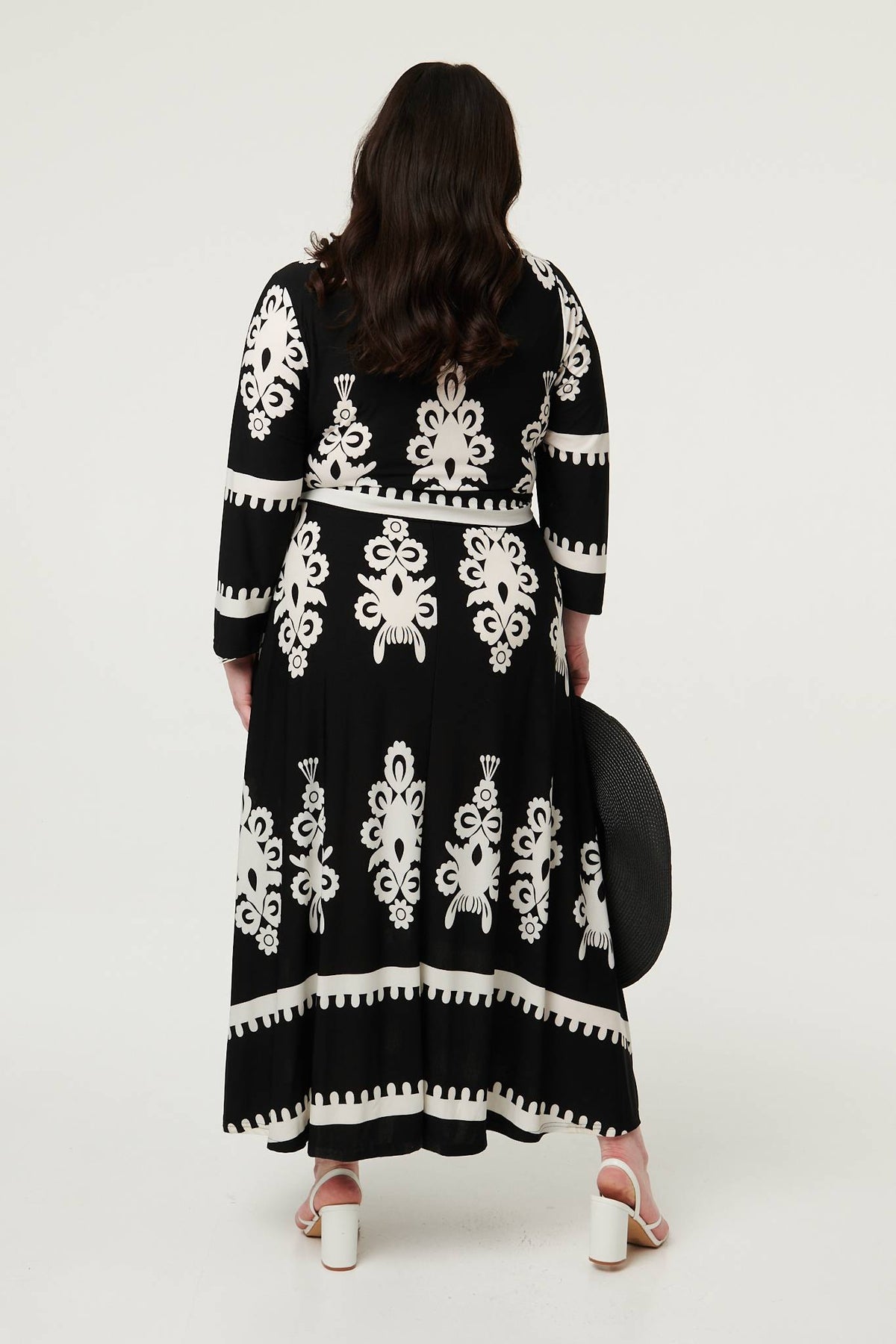 Curve Ikat Print 3/4 Sleeve Wrap Maxi Dress Styled View