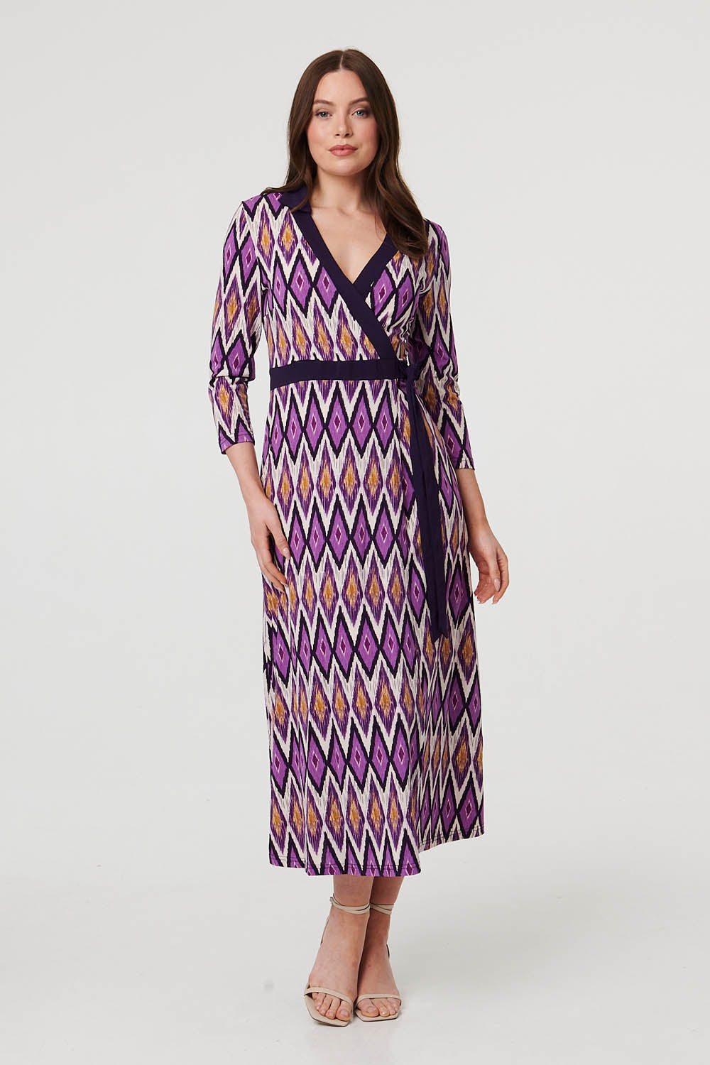 Geo Print 3/4 Sleeve Wrap Midi Dress Front View
