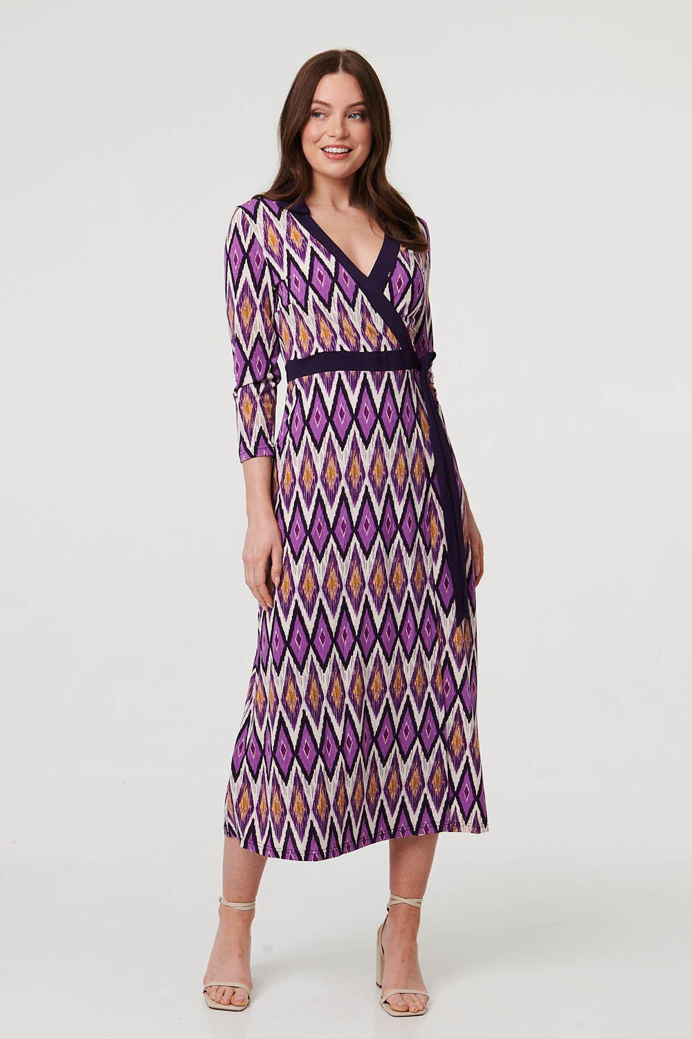 Geo Print 3/4 Sleeve Wrap Midi Dress Detail View