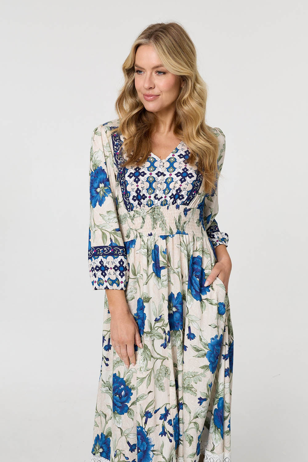 Floral Tassel Tie Long Sleeve Maxi Dress Back View