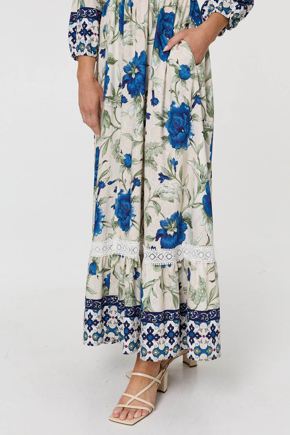 Floral Tassel Tie Long Sleeve Maxi Dress Back View 2
