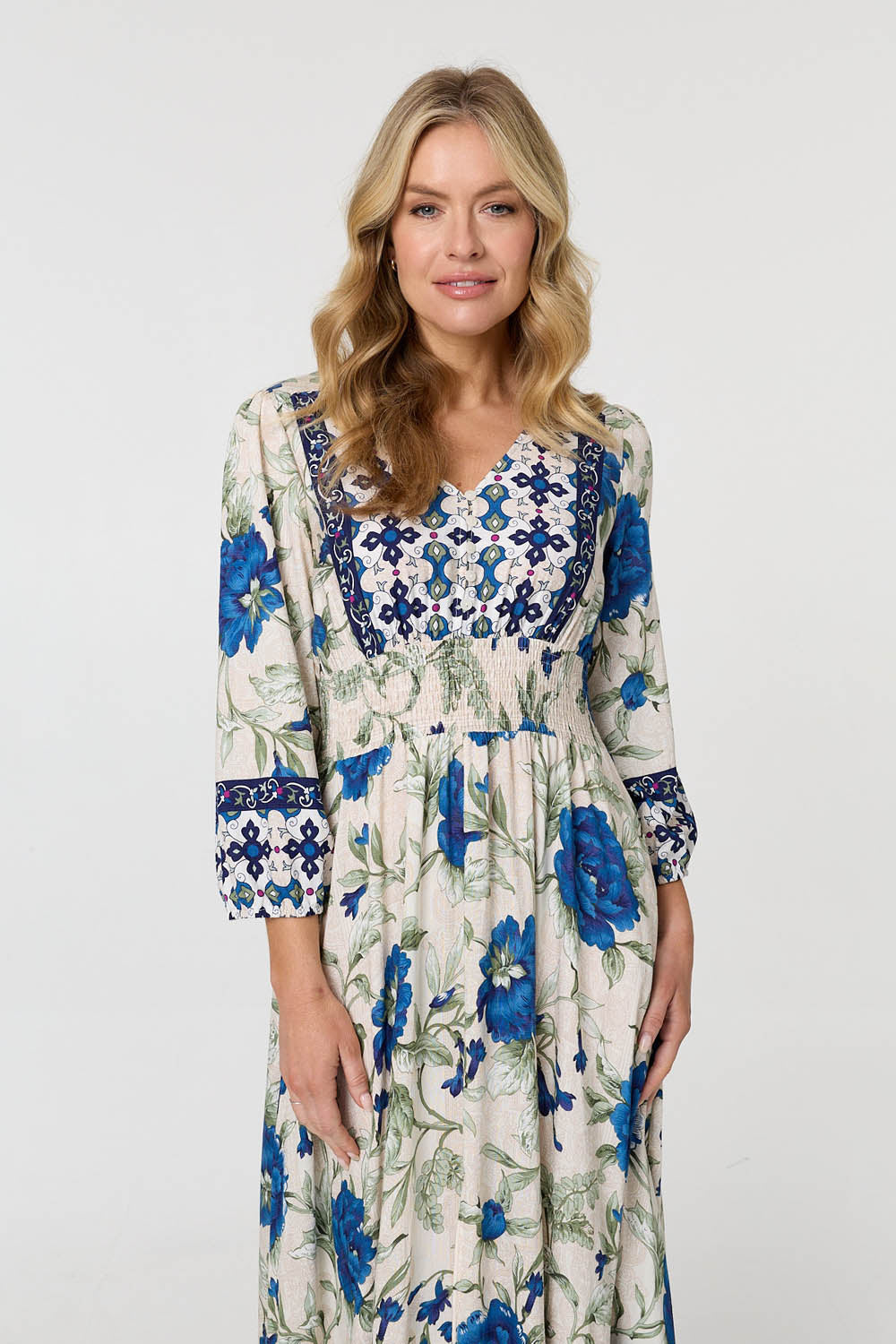 Floral Tassel Tie Long Sleeve Maxi Dress Styled View