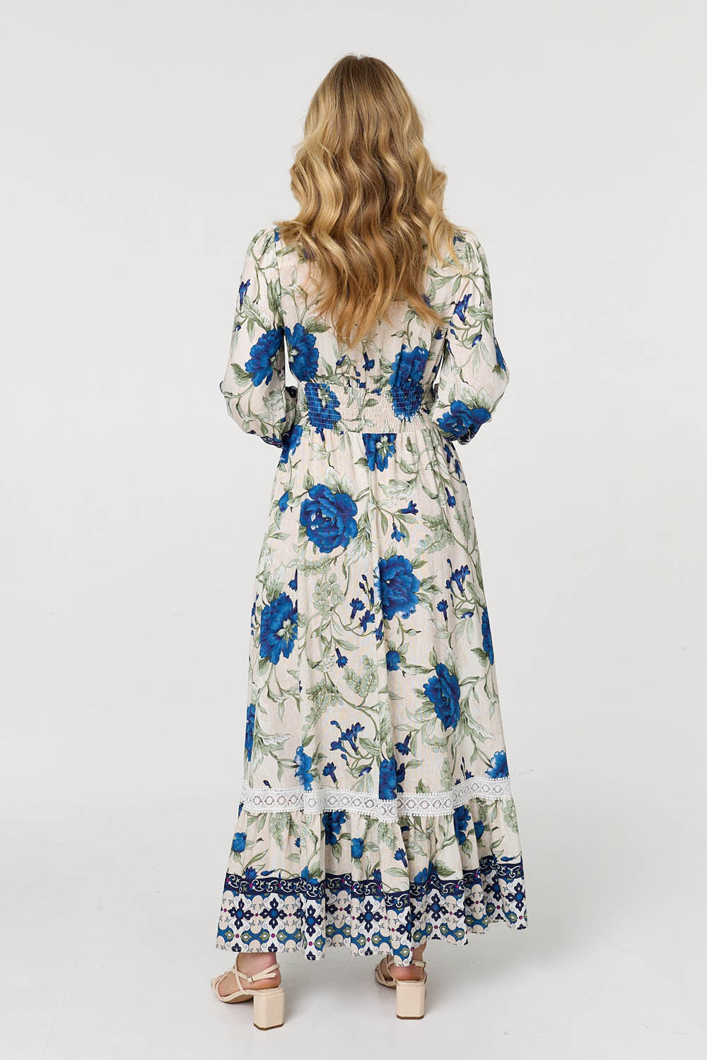 Floral Tassel Tie Long Sleeve Maxi Dress Detail View