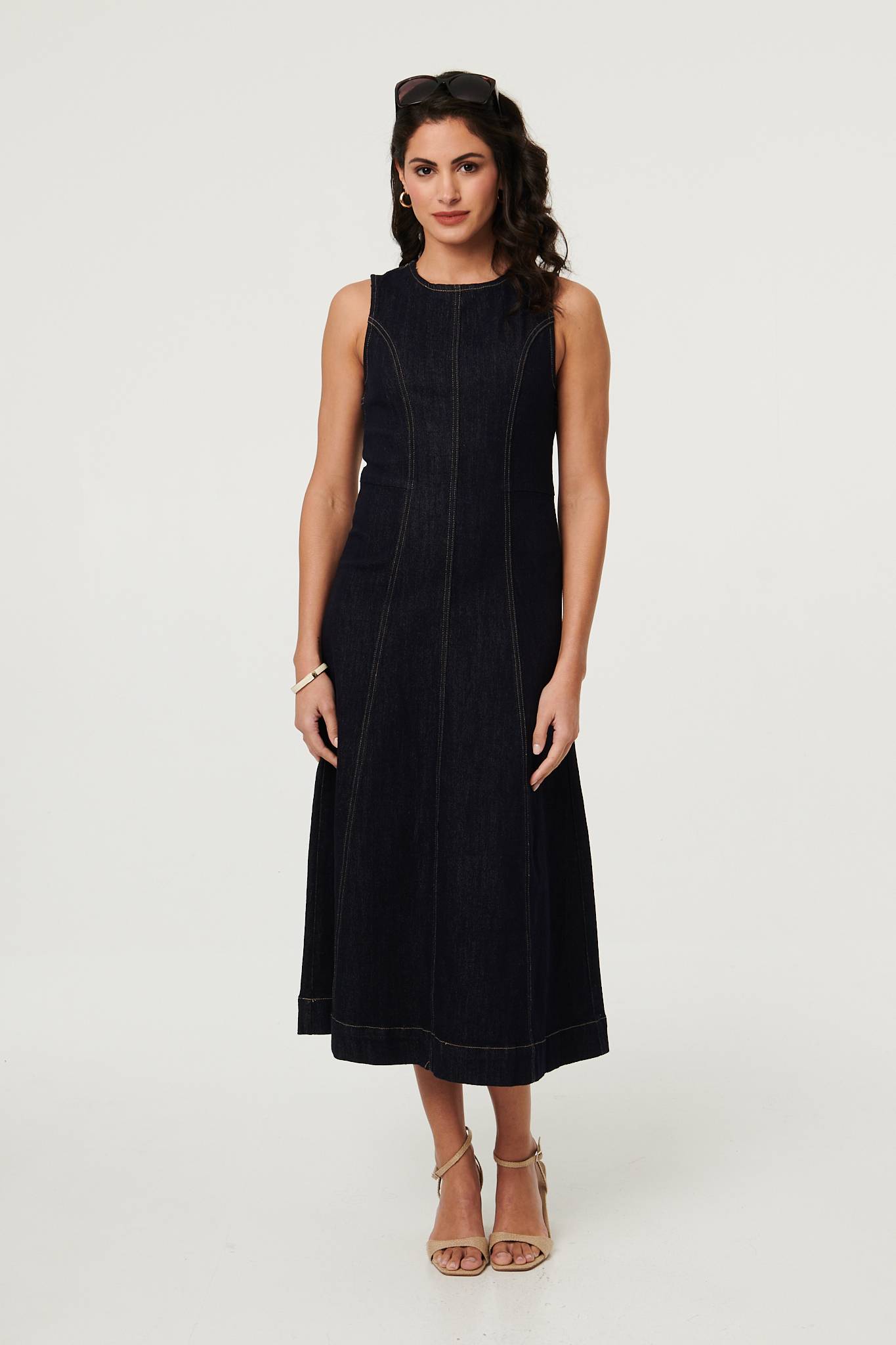 Denim Stitch Detail Fitted Midi Dress Back View 3