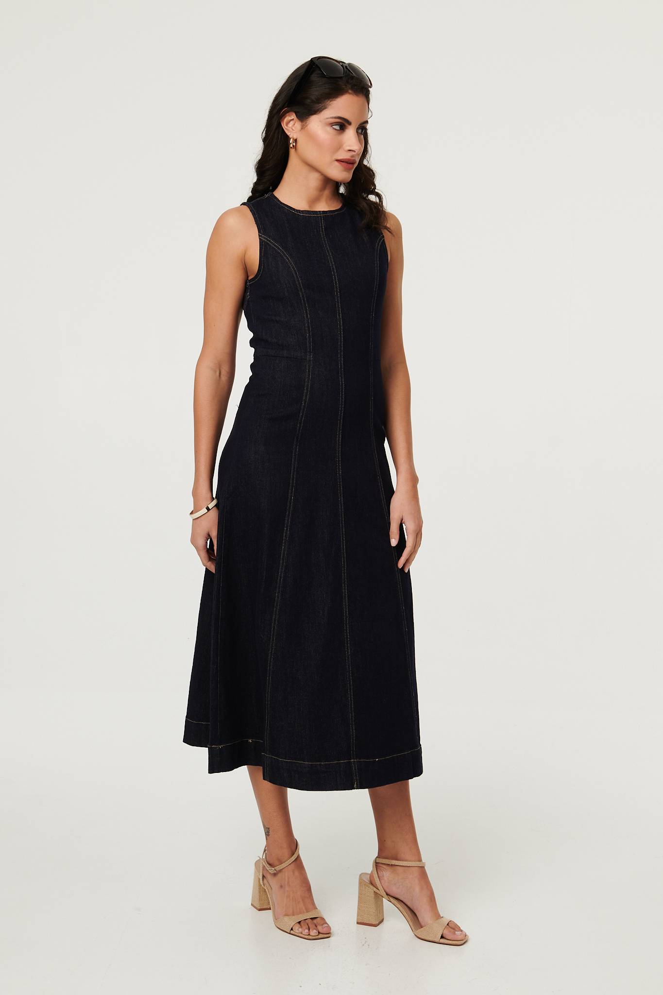 Denim Stitch Detail Fitted Midi Dress Full Length View 3