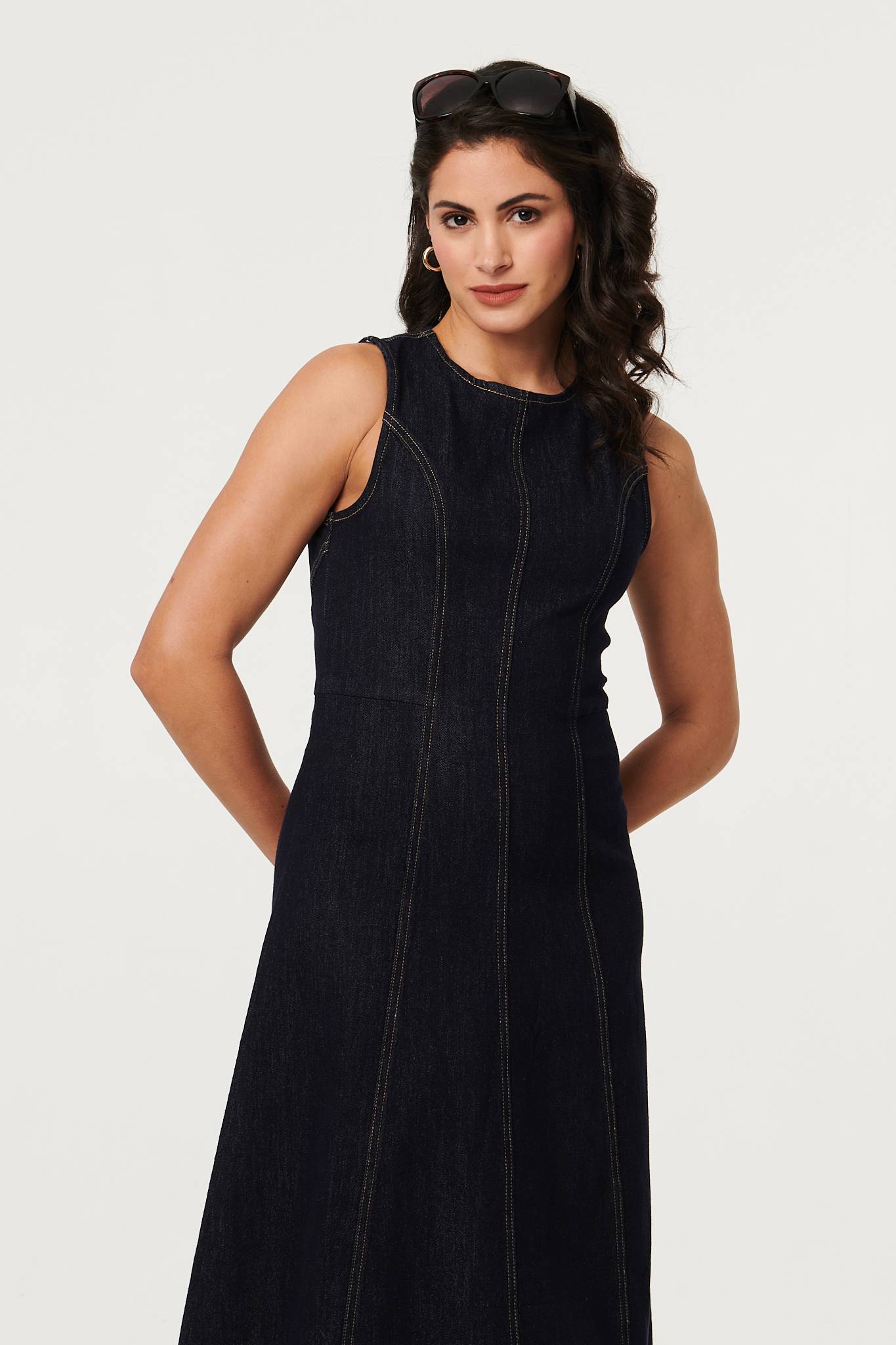 Denim Stitch Detail Fitted Midi Dress Side View 3