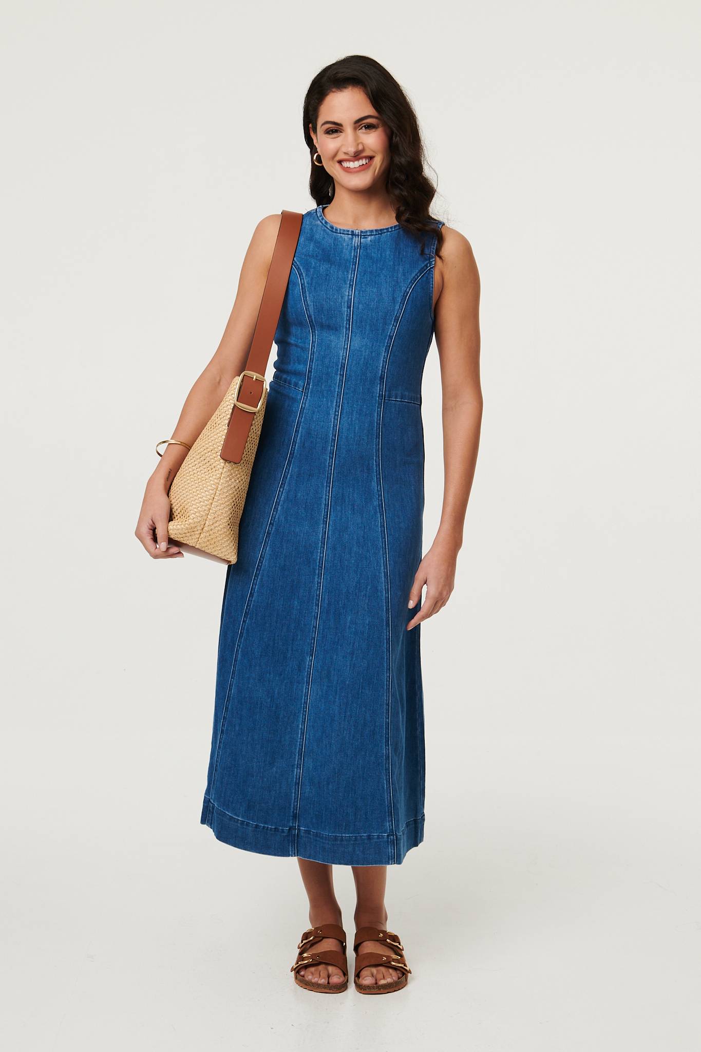 Denim Stitch Detail Fitted Midi Dress Back View