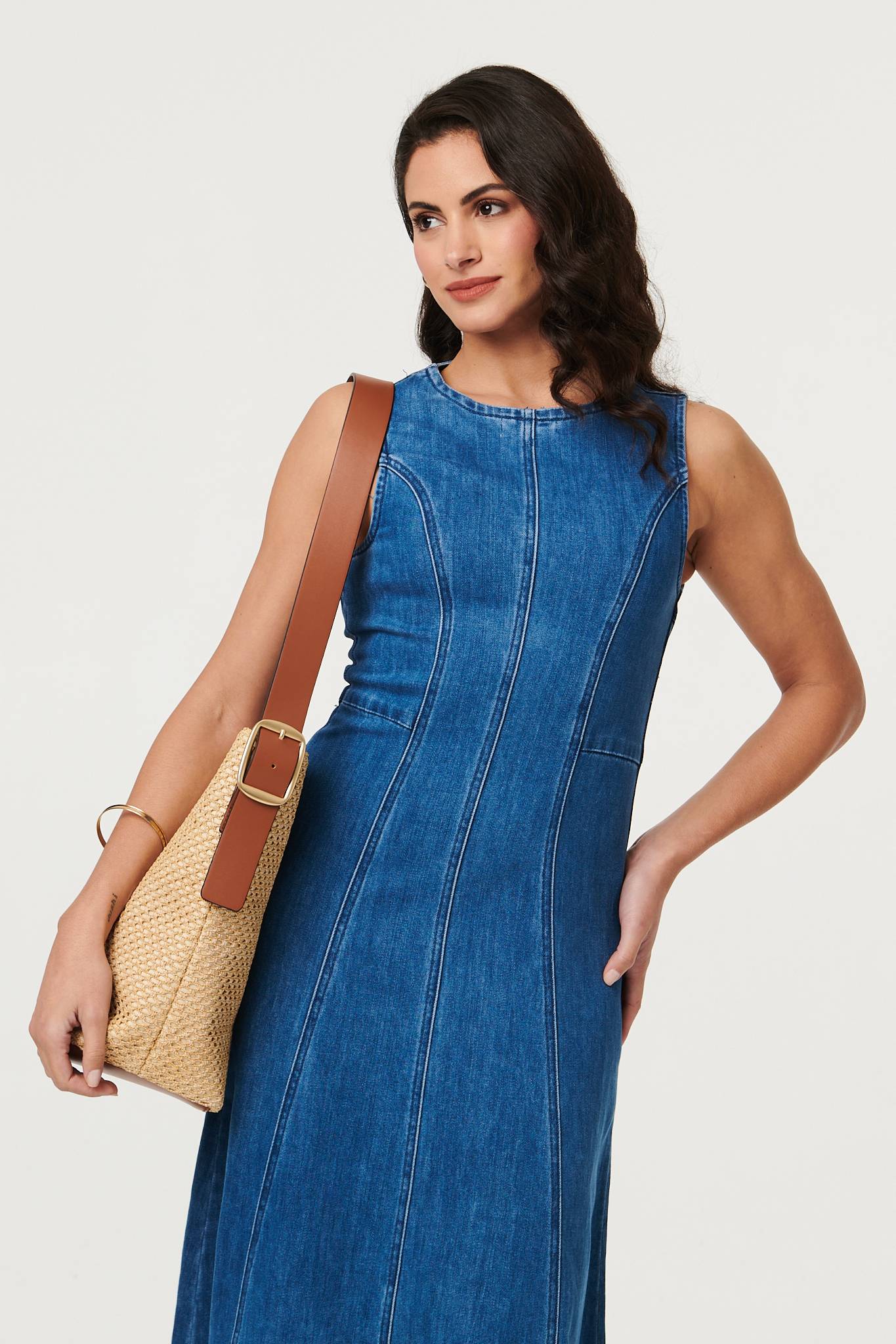 Denim Stitch Detail Fitted Midi Dress Full Length View