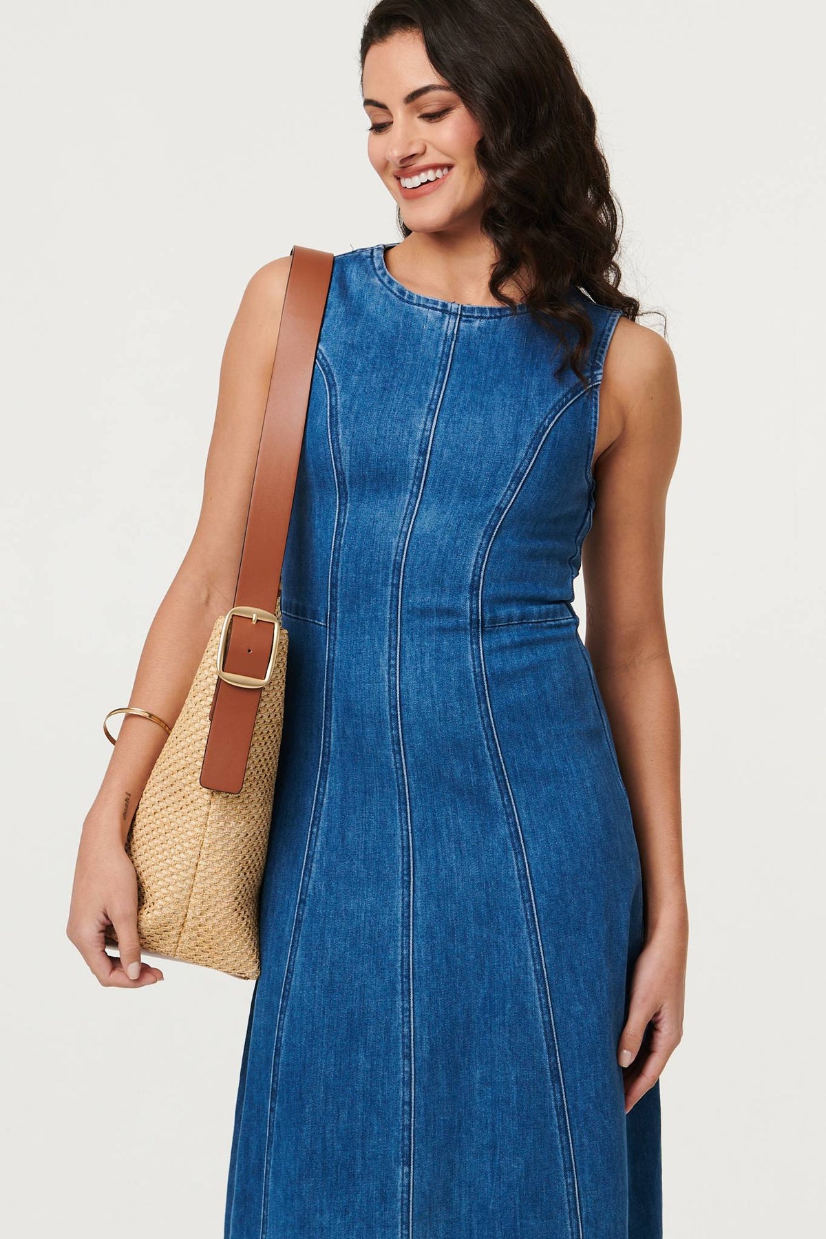Denim Stitch Detail Fitted Midi Dress Detail View 2