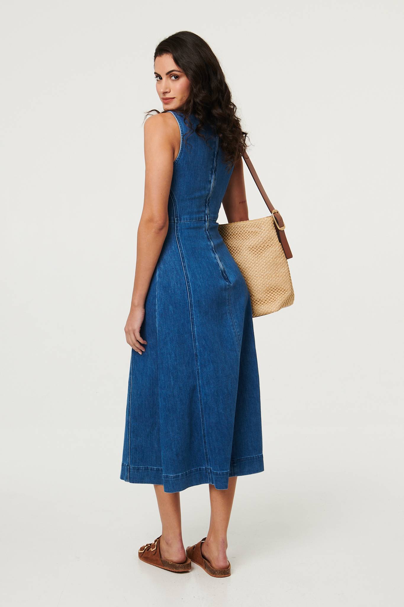 Denim Stitch Detail Fitted Midi Dress Detail View