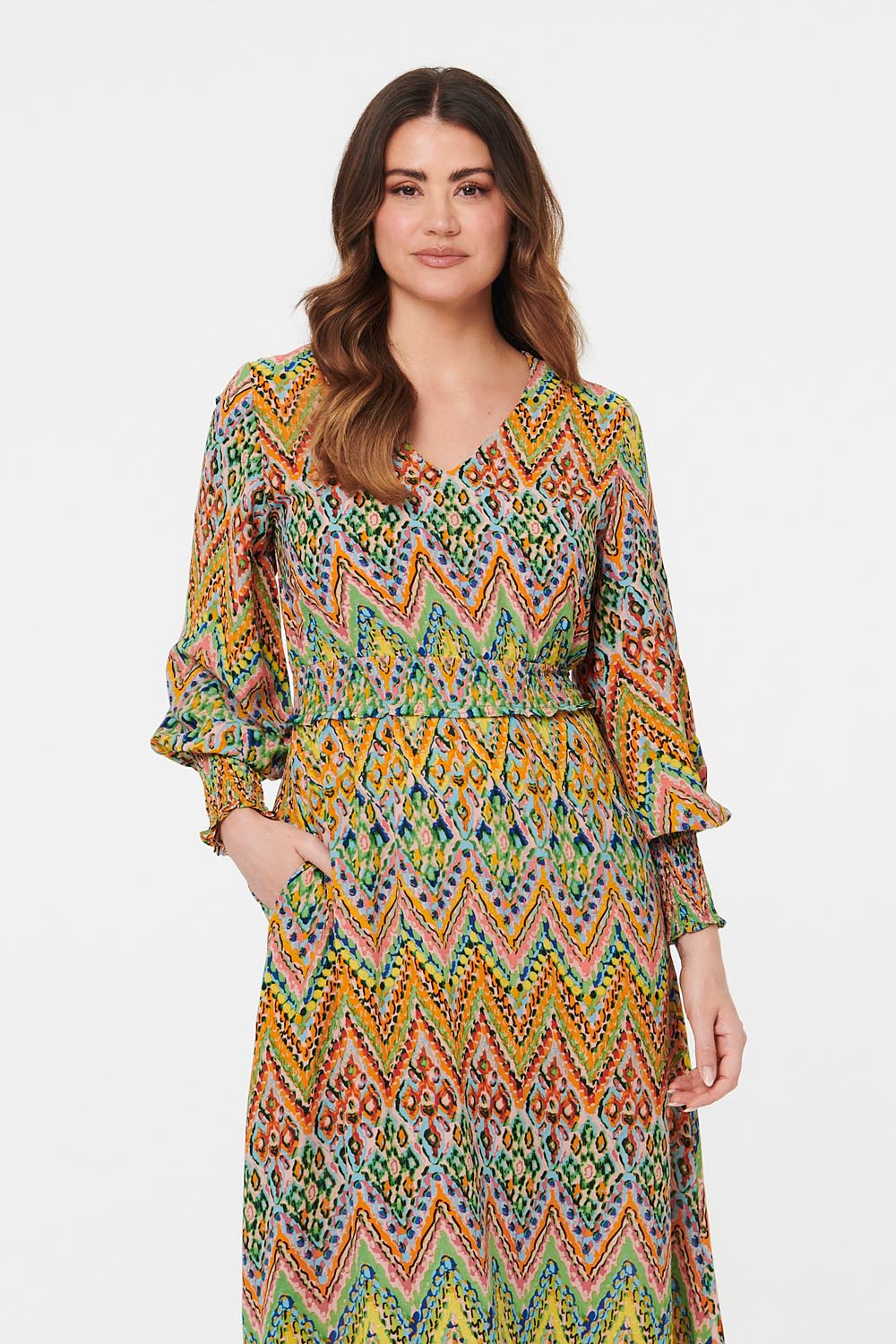 Printed Long Sleeve Shirred Maxi Dress Back View