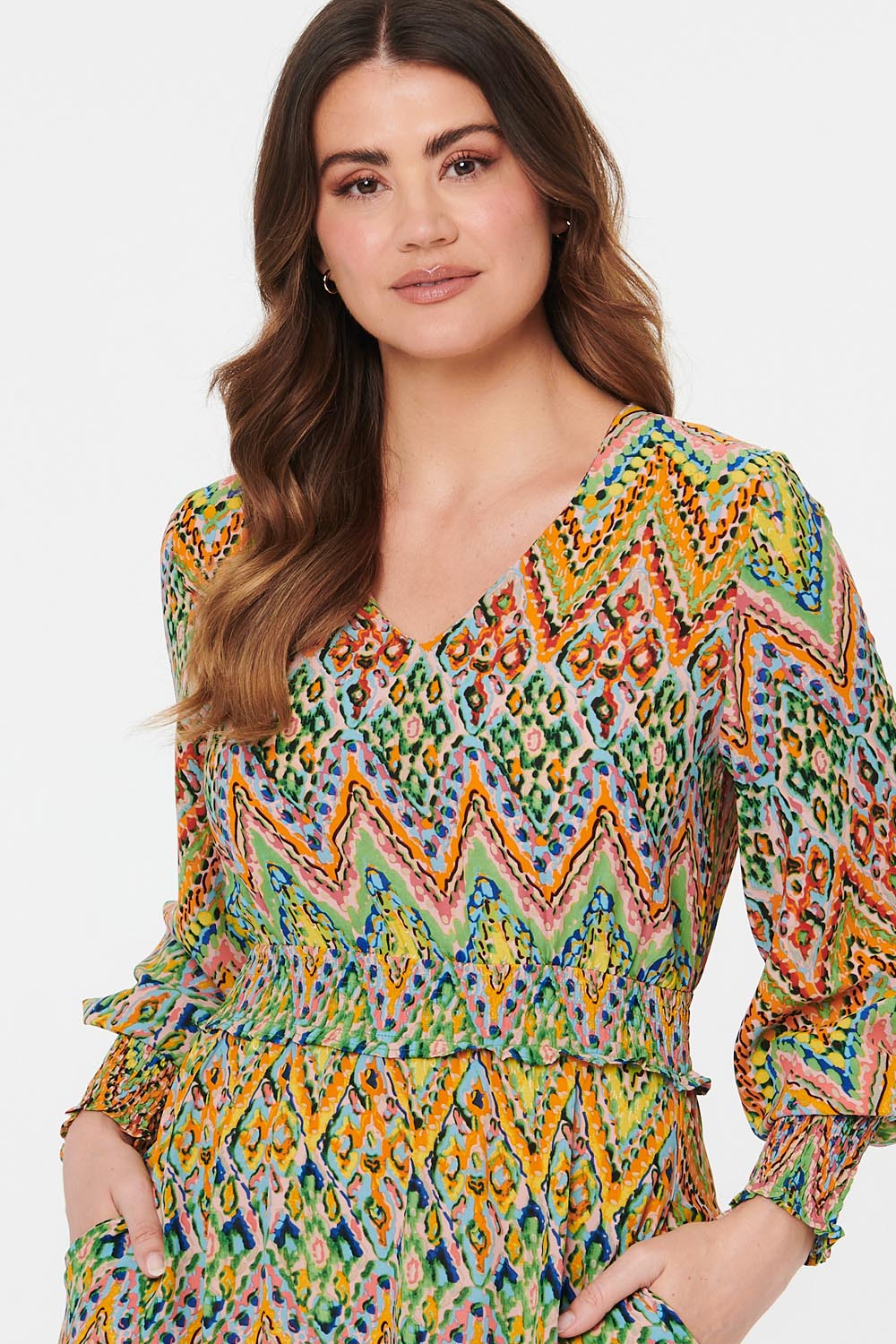 Hope | Women's Printed Long-Sleeve Shirred Green Maxi Dress