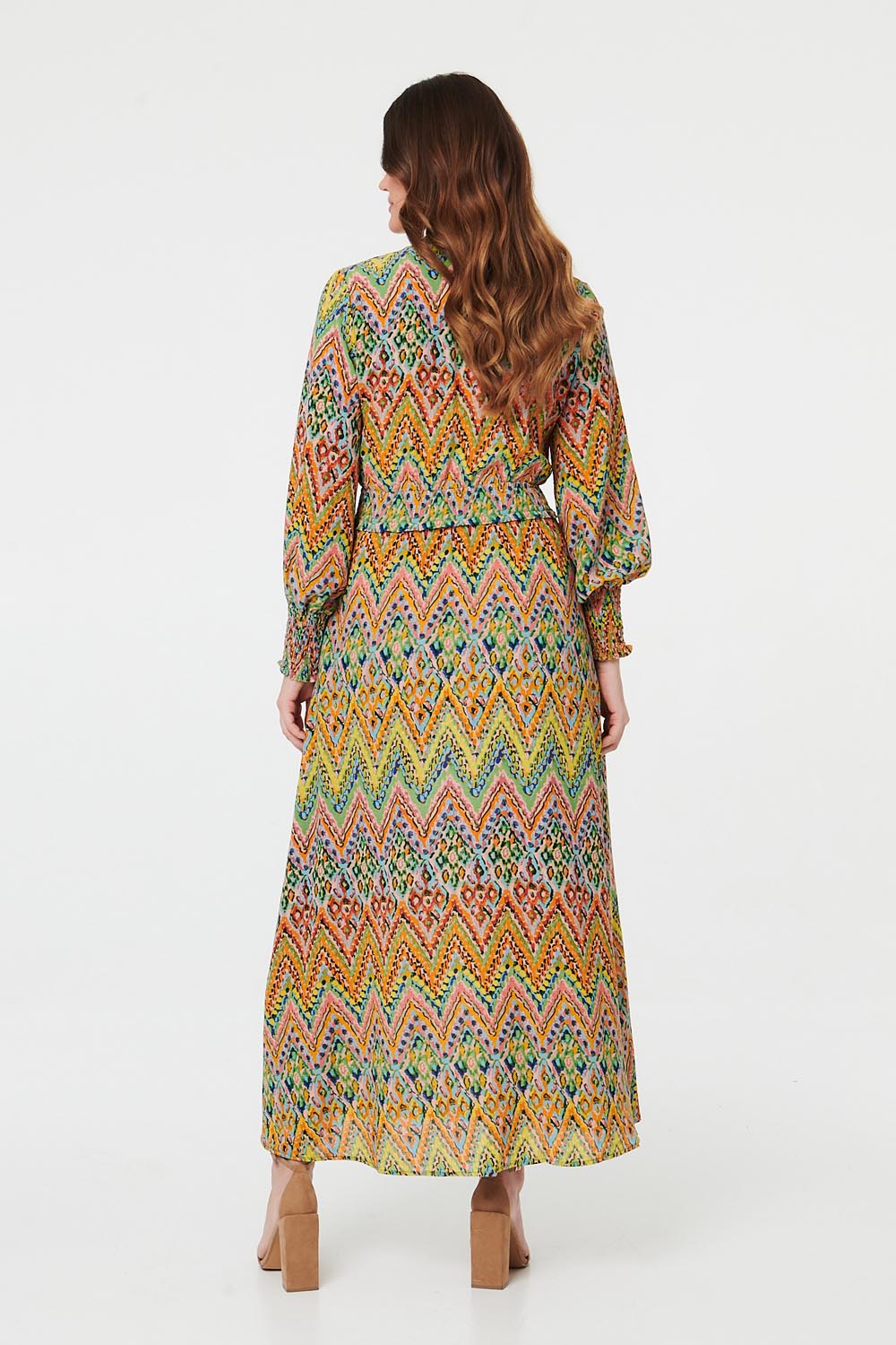 Hope | Women's Printed Long-Sleeve Shirred Green Maxi Dress