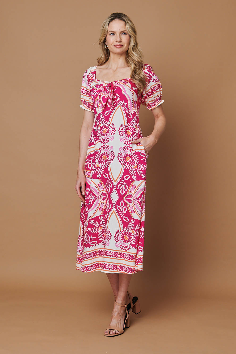 Printed A-Line Puff Sleeve Midi Dress Detail View