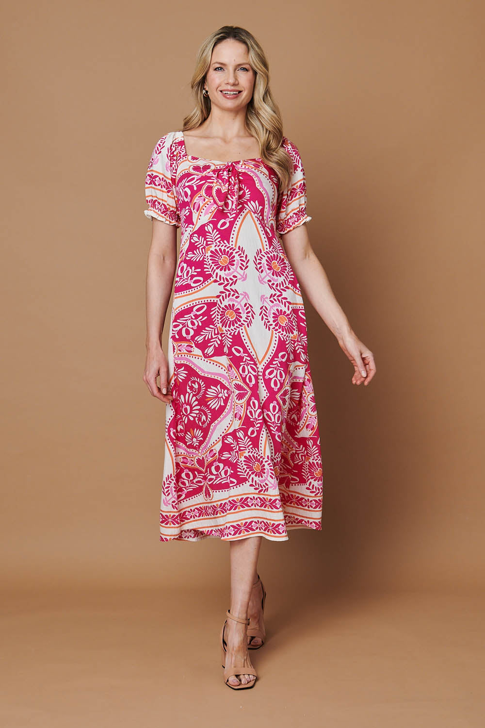 Printed A-Line Puff Sleeve Midi Dress Front View