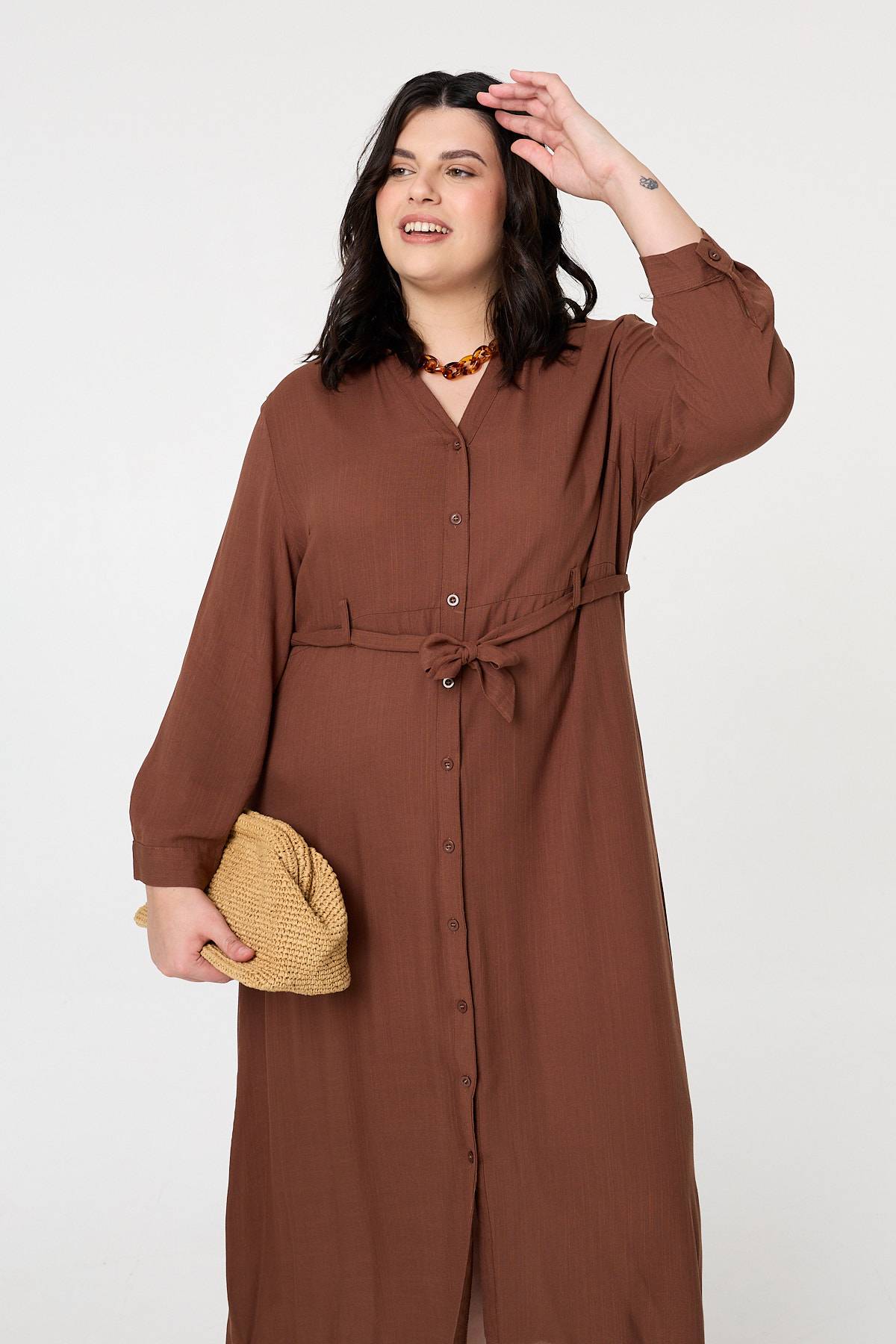 Curve Long Sleeve Tie Waist Maxi Dress Front View 2