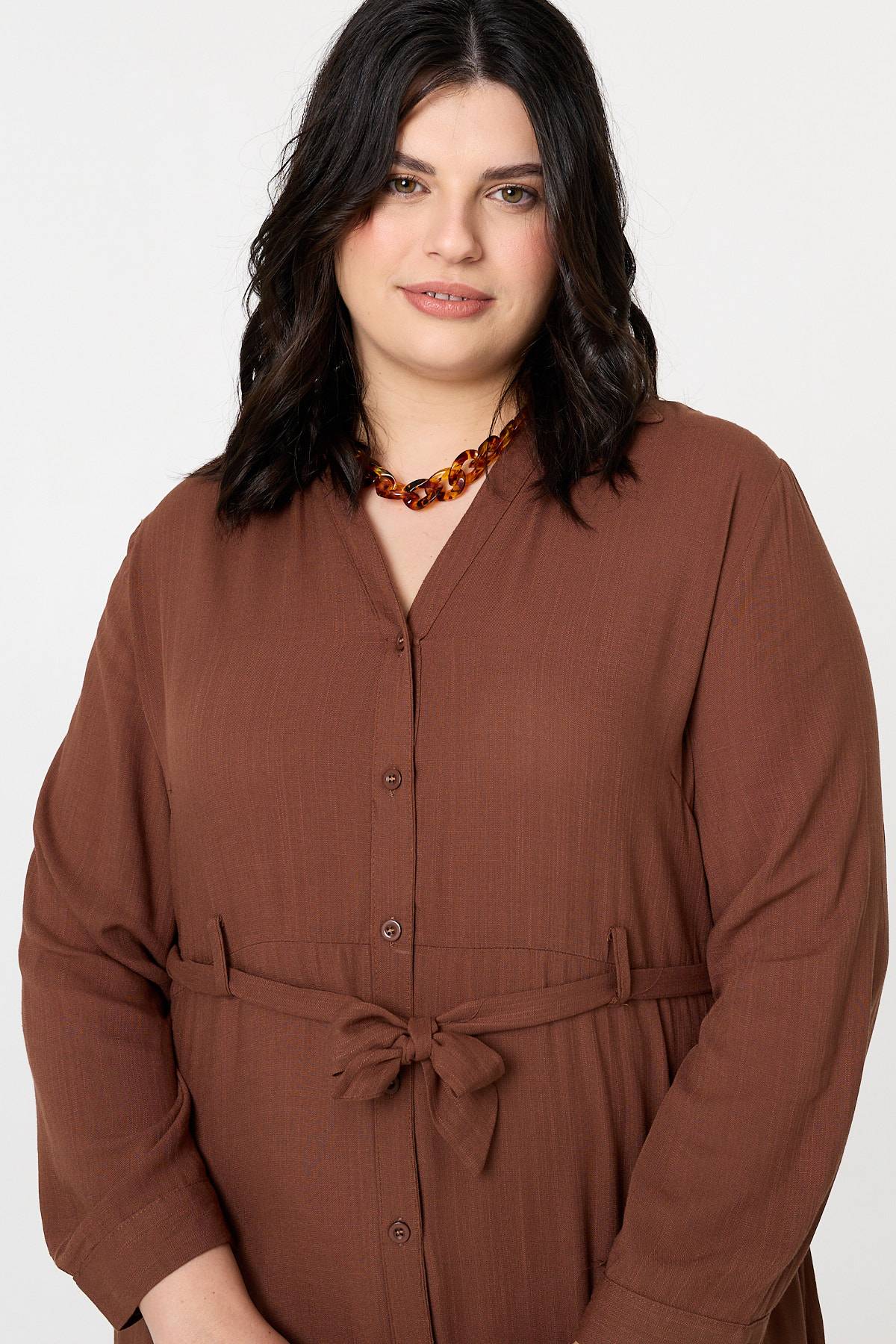 Curve Long Sleeve Tie Waist Maxi Dress Full Length View